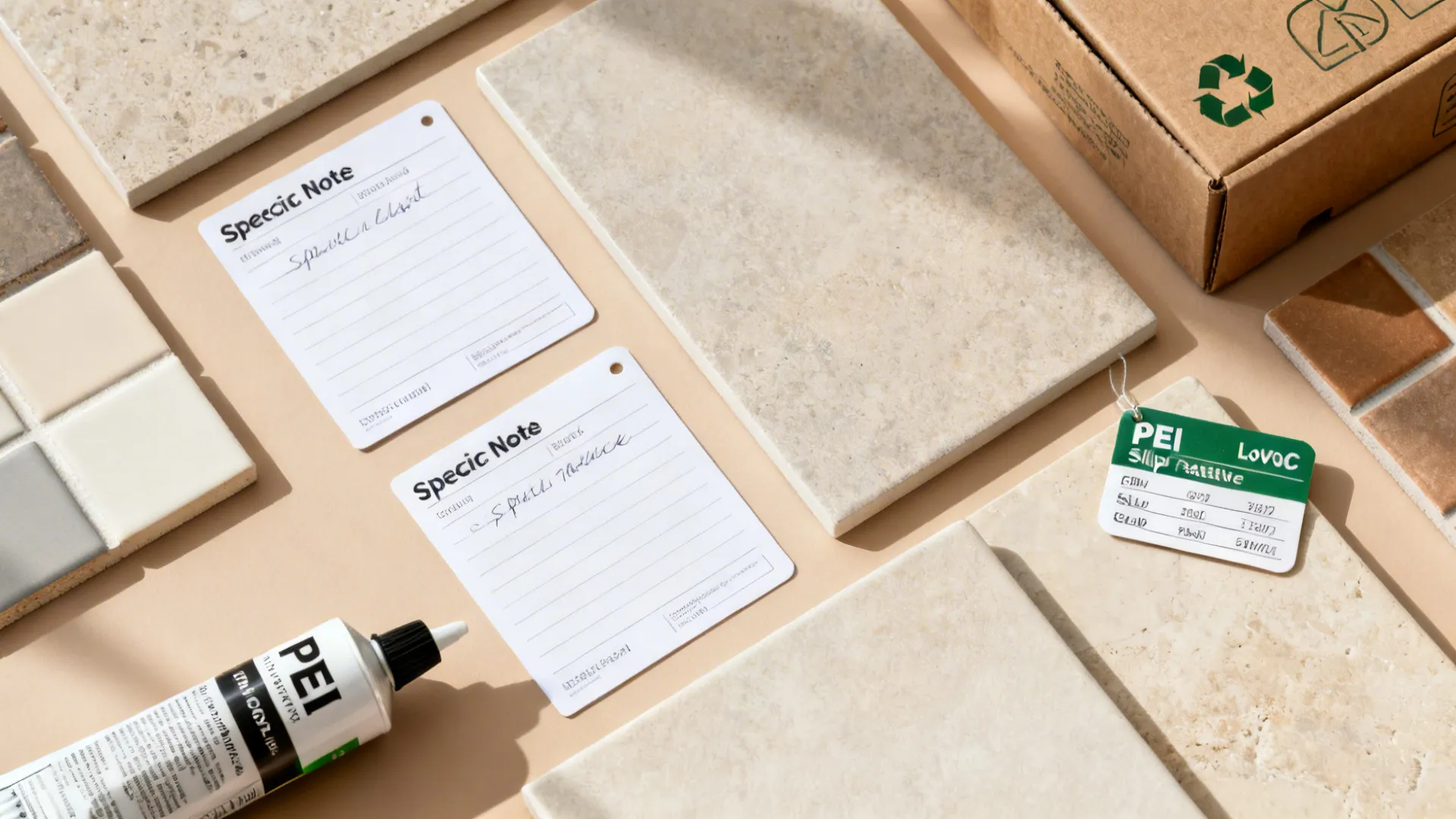 Tile samples with implied ratings, low-VOC adhesive, and sustainable packaging cues.