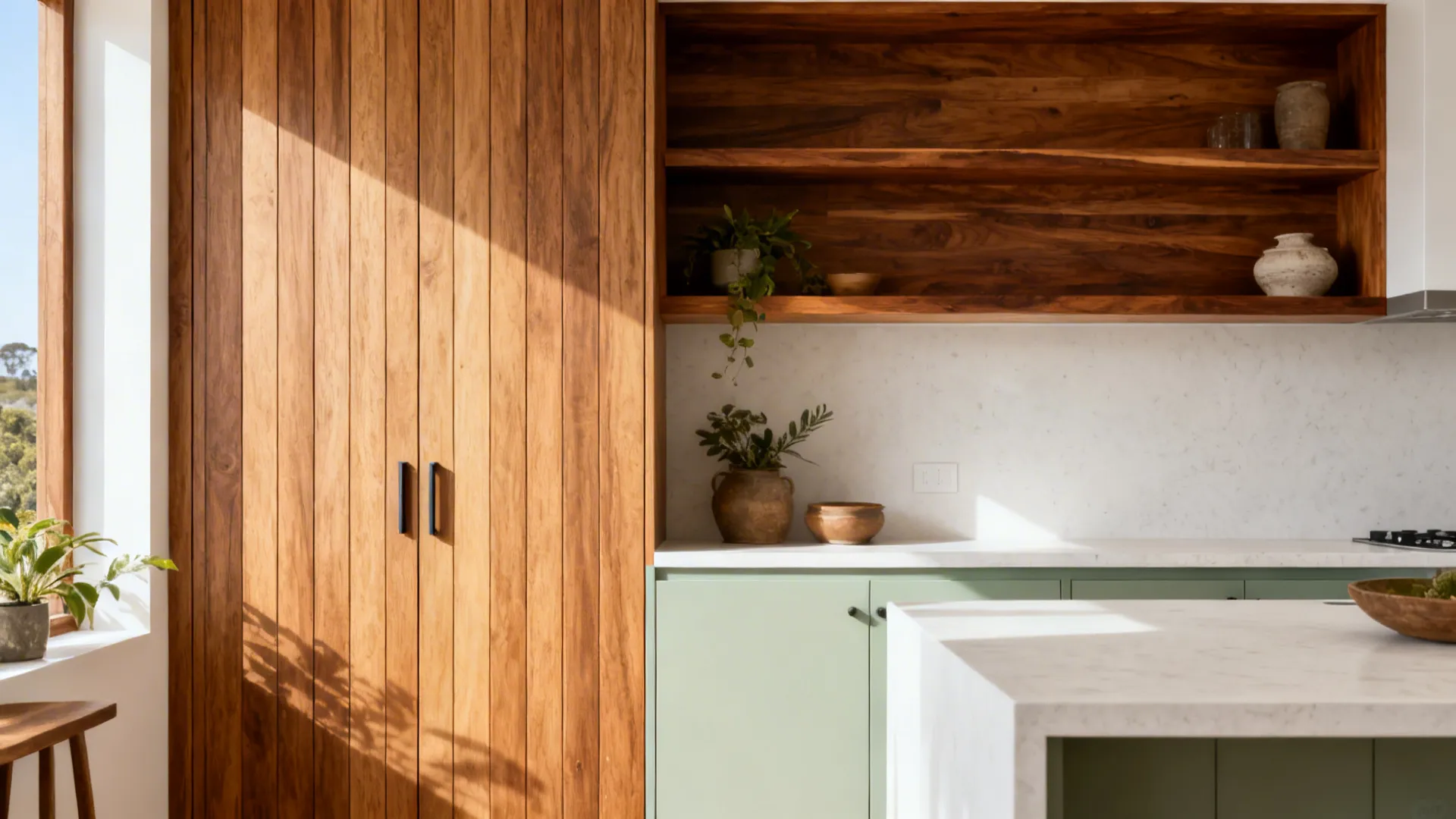 Small kitchen with Namibia oak-look laminate tall doors and kiaat wood shelves adding warm texture.