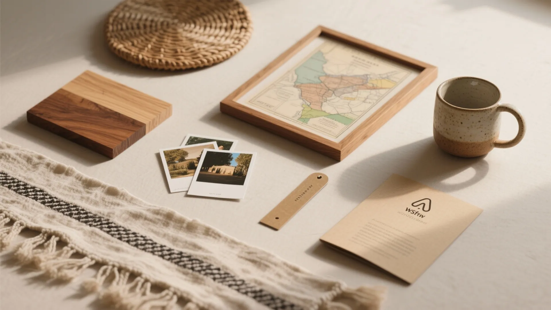 Travel items on a table including framed map, ceramic mug, woven coaster, and small paper photos