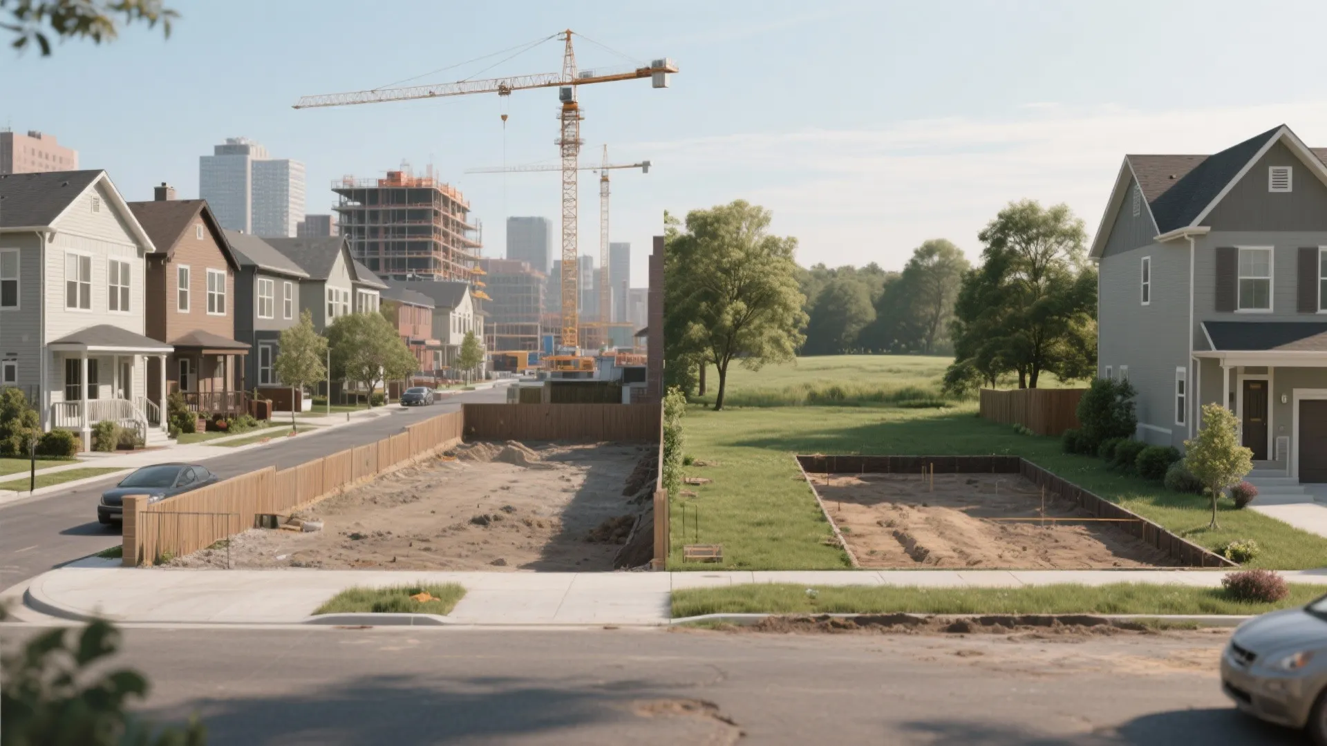 Side-by-side comparison of an urban infill lot and a suburban/rural building site illustrating location cost differences