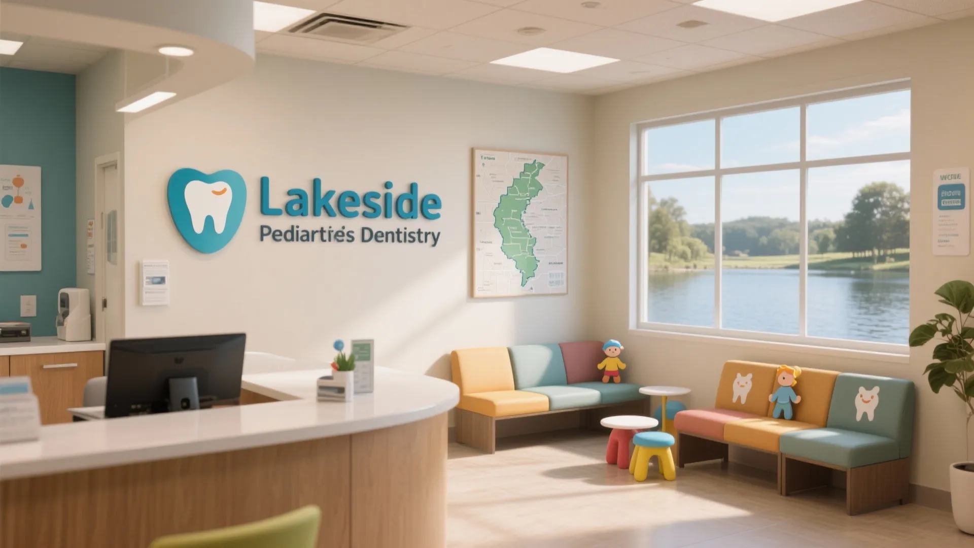 Modern pediatric dental clinic waiting room with colorful sofa colorful chairs and a lake view