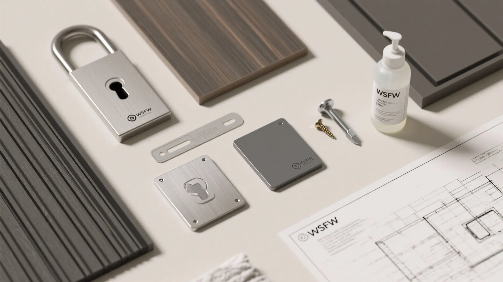 Flatlay of lock finishes, partition samples, tools, and a floor planner sketch.