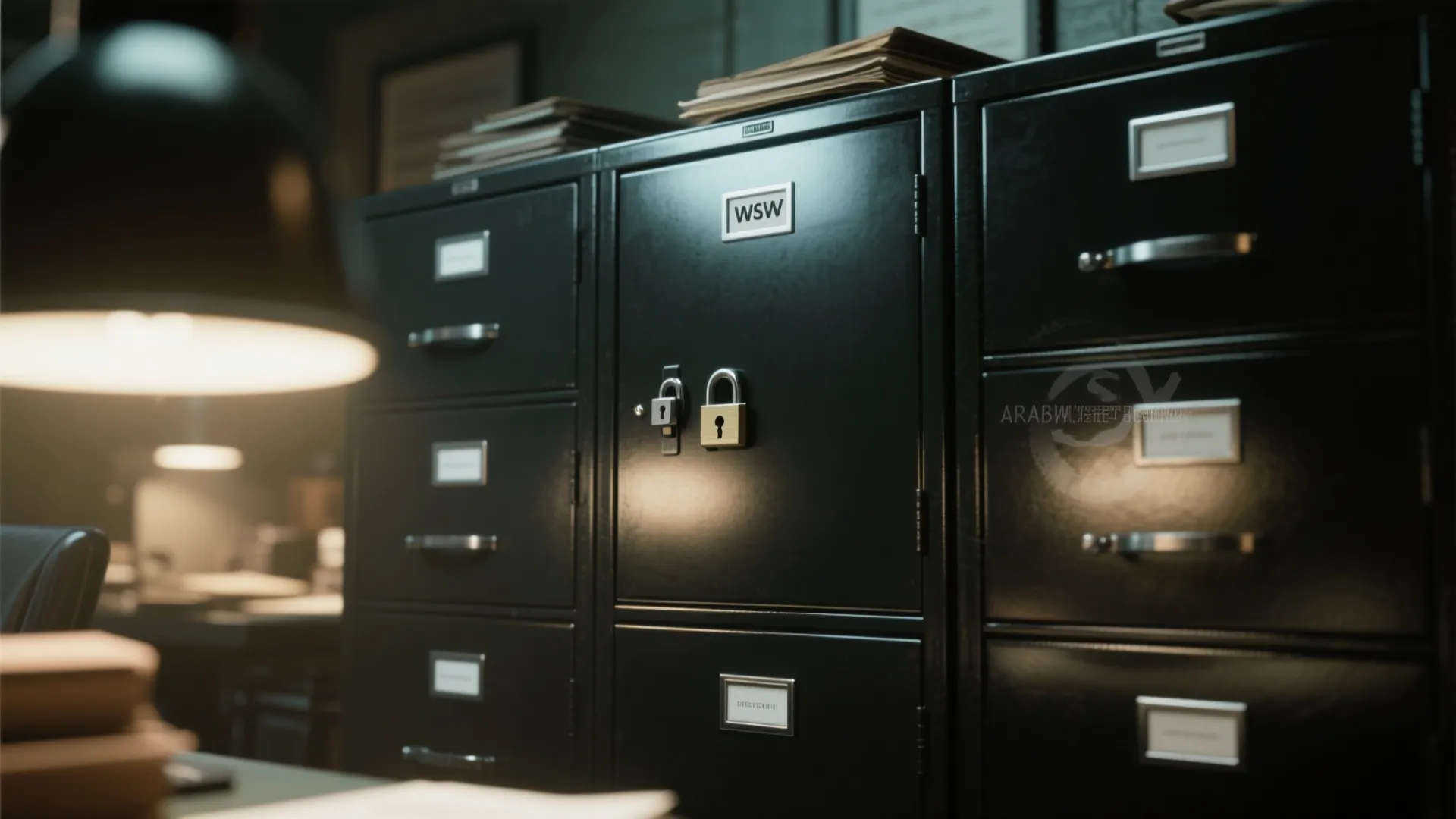 Black metal file cabinets in dark office with one drawer locked by small gold padlock