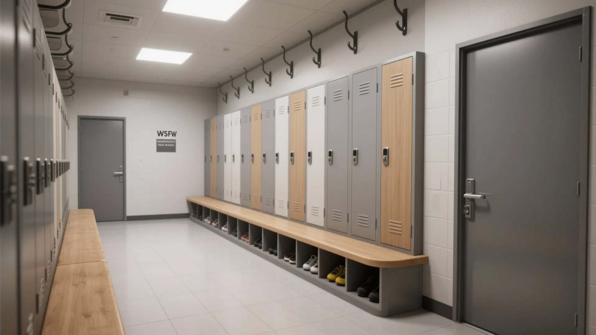 Modern locker room with grey and wood lockers featuring a long wooden bench for seating