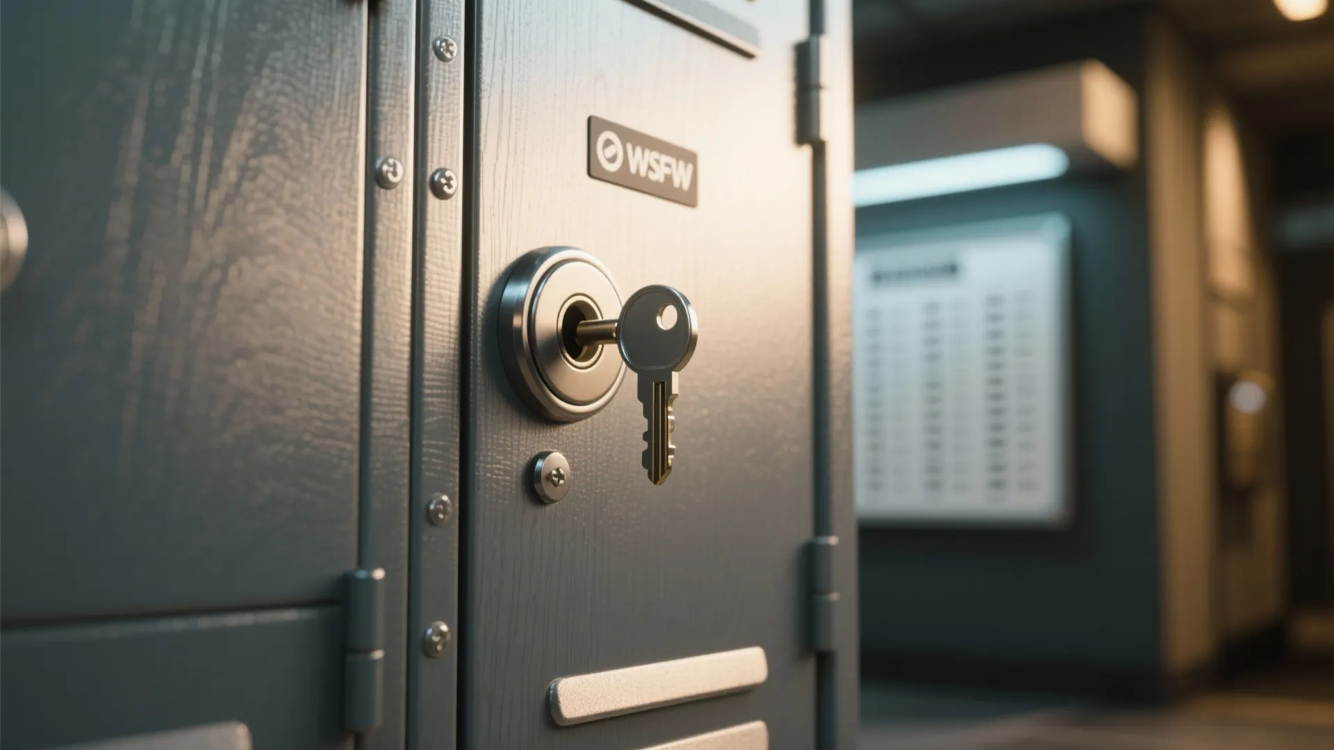 Close-up of a locker-style mailbox door with a secure lock and brushed metal texture