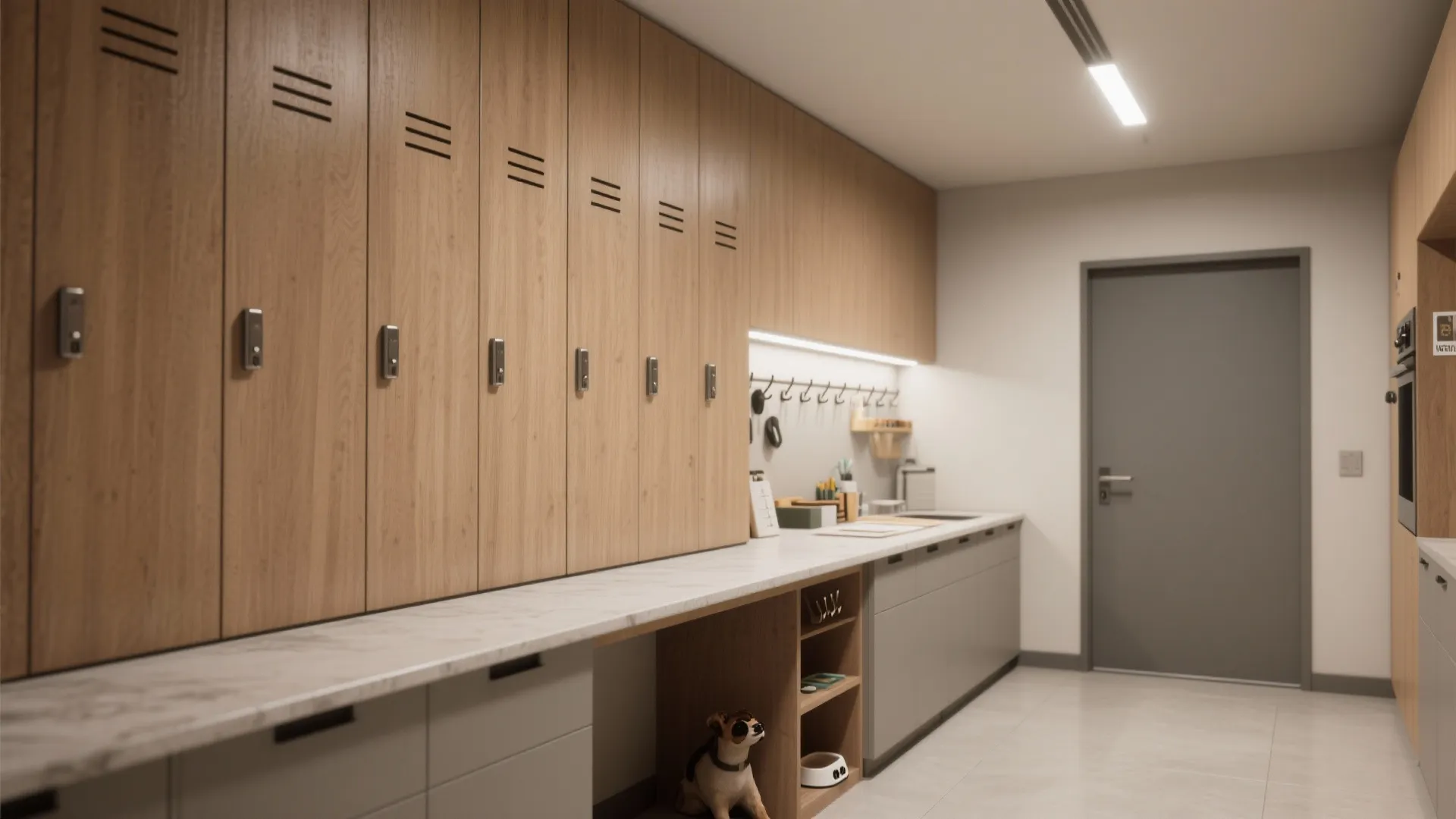 Locker wall with slim lockers and long multi-use countertop including a small pet feeding nook below.