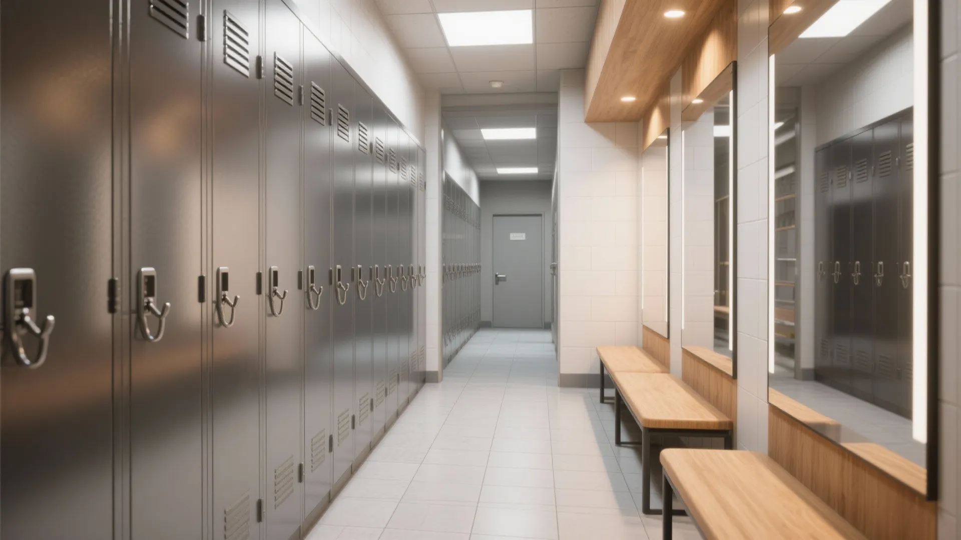 Modern locker room hallway with grey metal lockers wooden benches mirrors and bright square ceiling lights