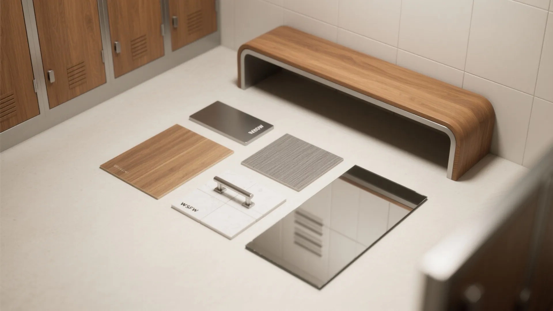 Material samples for locker design including wood panels grey tiles and a wooden sitting bench