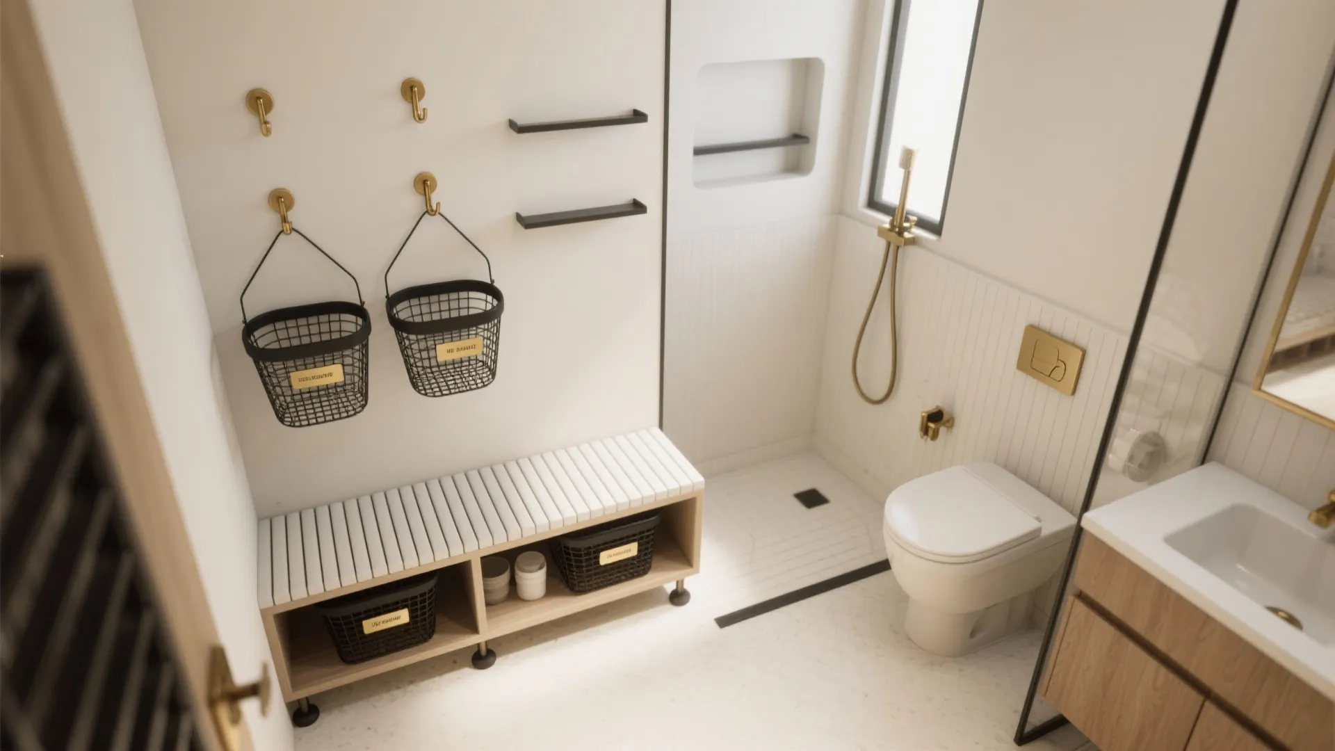 Top-down view of brass hooks, a ribbed bench with hidden storage, wire baskets, slim shelves above the toilet, and a recessed niche.