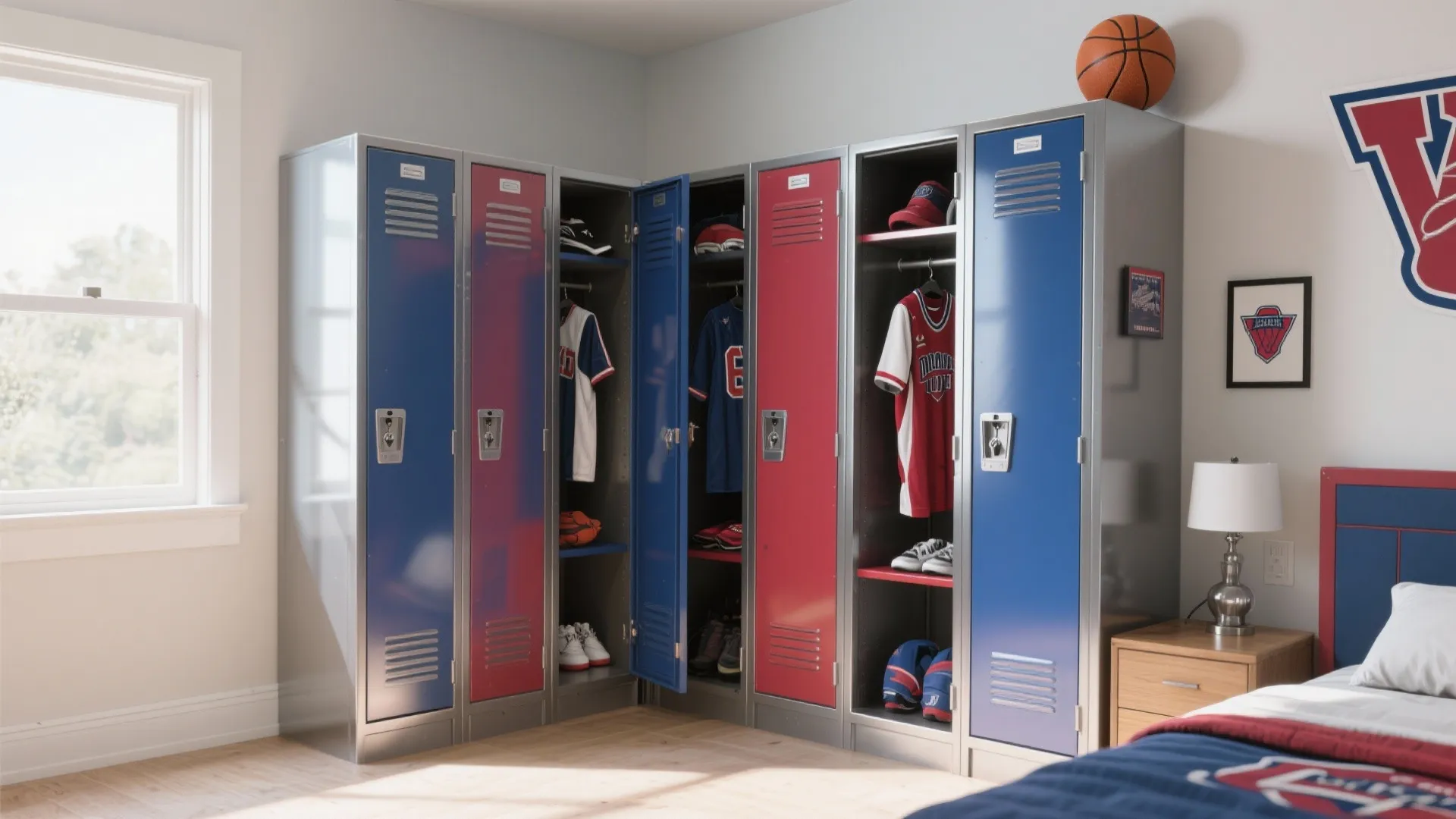 Metal lockers in blue and red used as bedroom storage for sports clothes and shoes