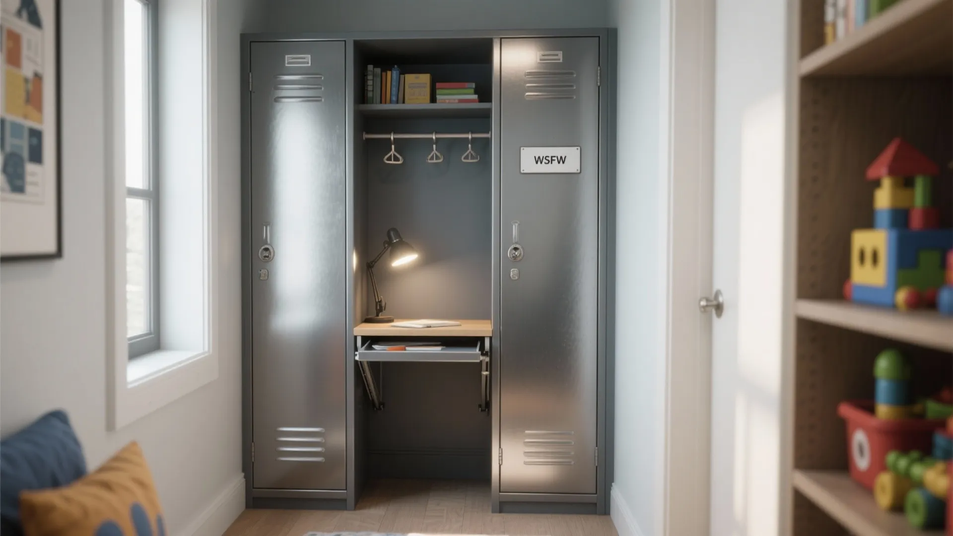 Narrow closet converted into a painted metal-look locker with a fold-down desk and task lamp for a study nook.