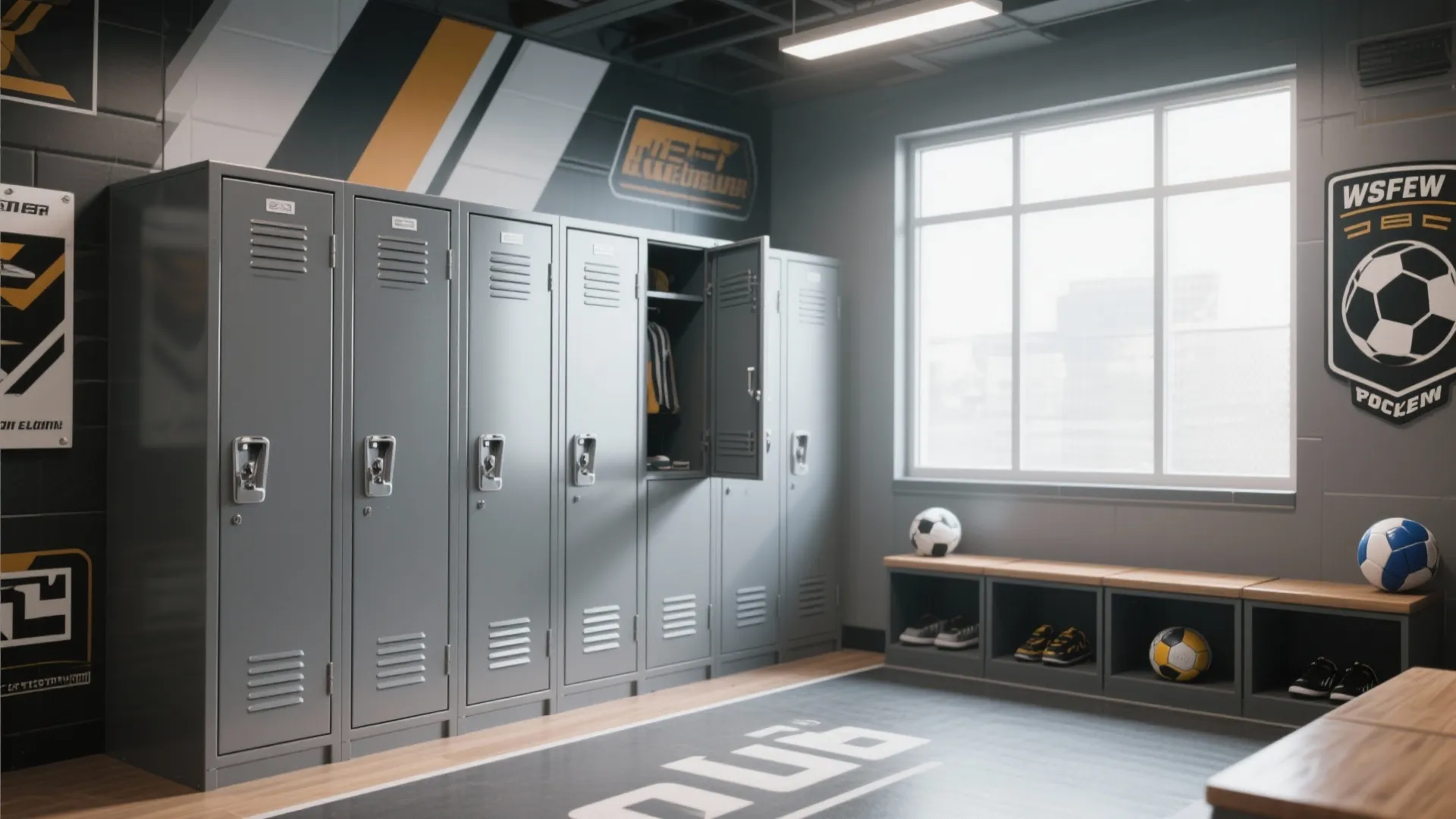 Metal lockers providing storage in a sporty guest room