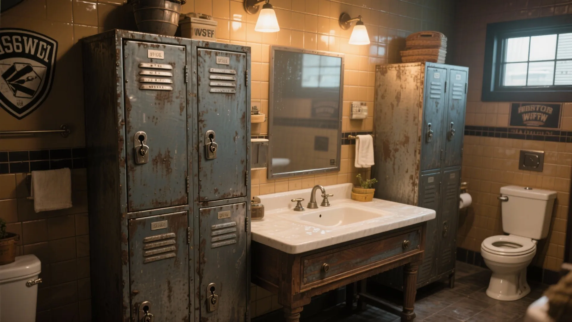 Industrial bathroom with vintage blue metal lockers used for storage next to a wooden sink vanity