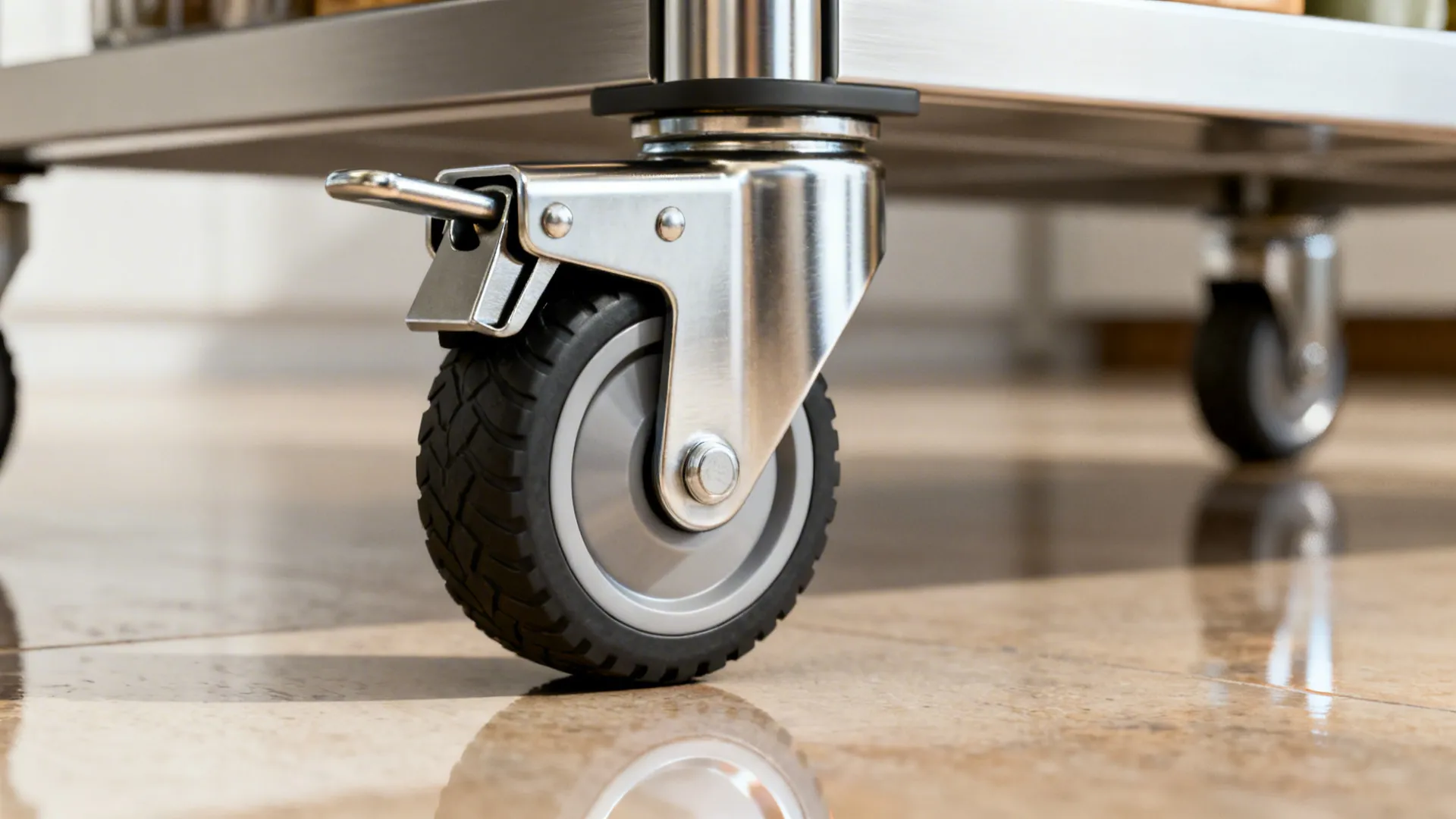 Close-up of a soft-locking rubber caster on a kitchen cart for smooth, stable movement.