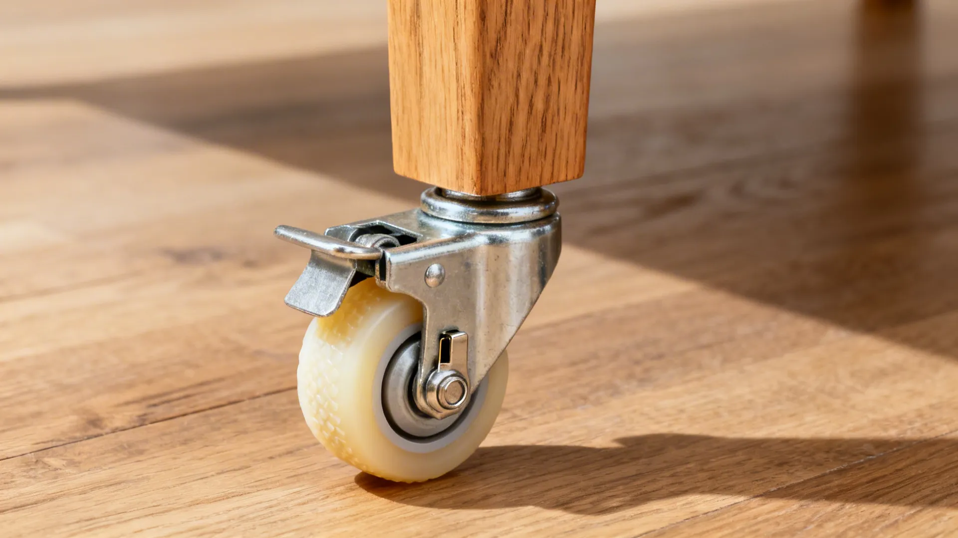 Macro view of a soft-tread locking caster on an oak table leg.