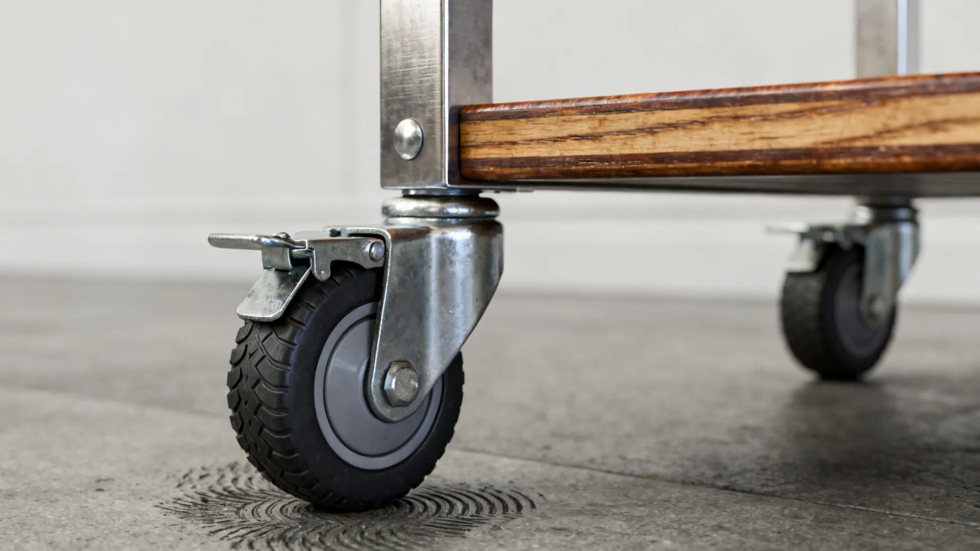Close-up of soft locking caster wheels on a narrow kitchen cart showing sturdy mechanism.