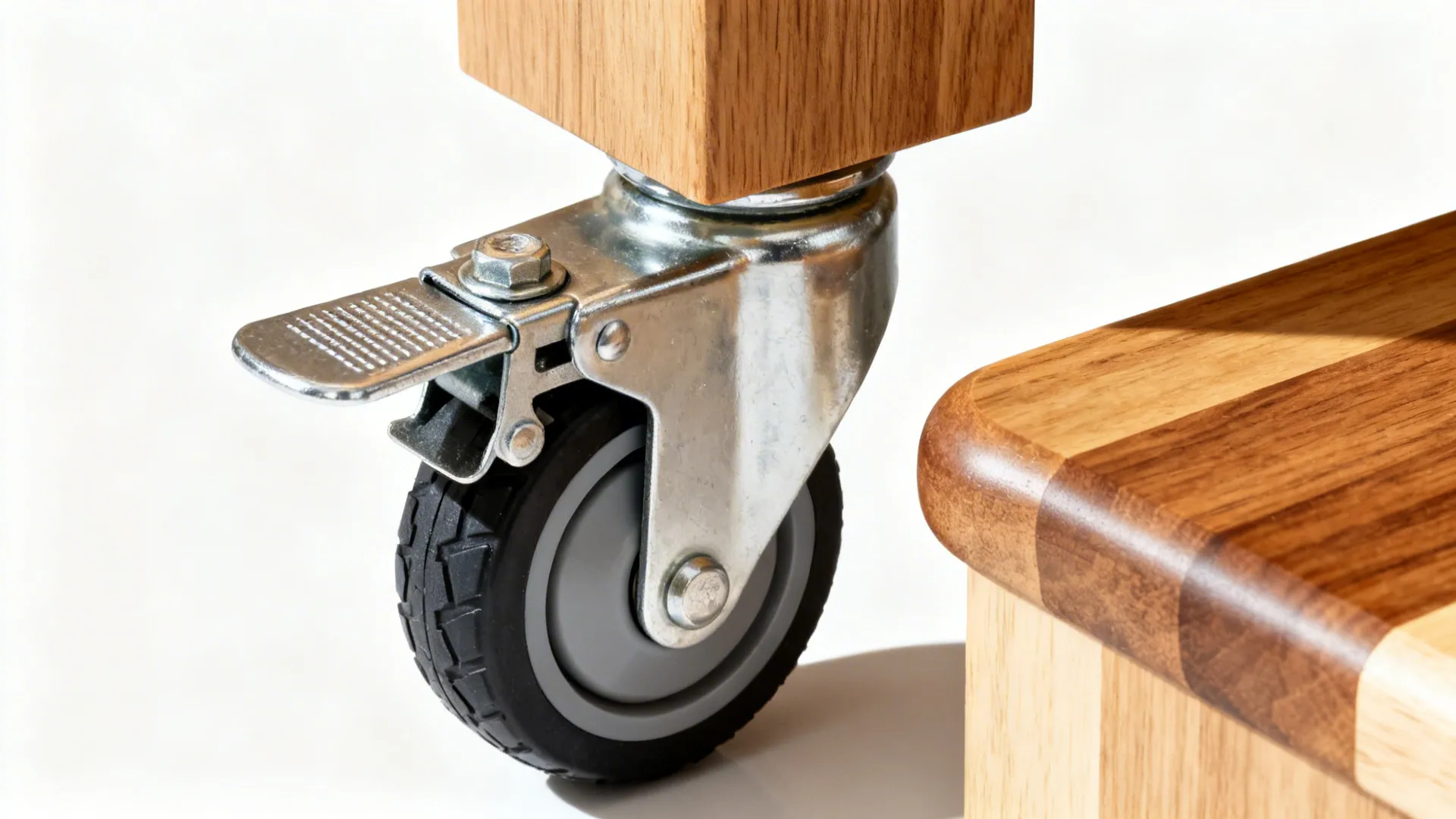Close-up of a rubber locking caster and butcher-block edge on a mobile island.