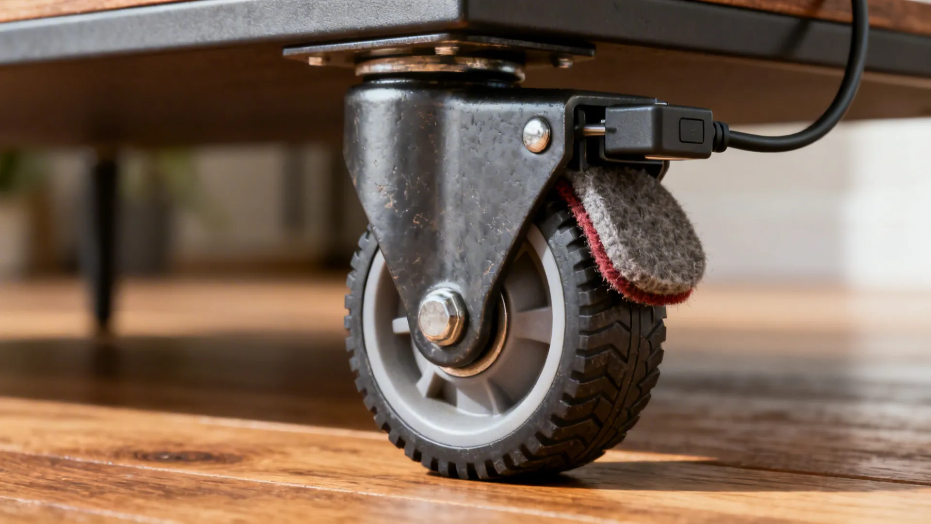 Close-up of a locking caster with felt cap on a rolling coffee table and tidy cable clip.