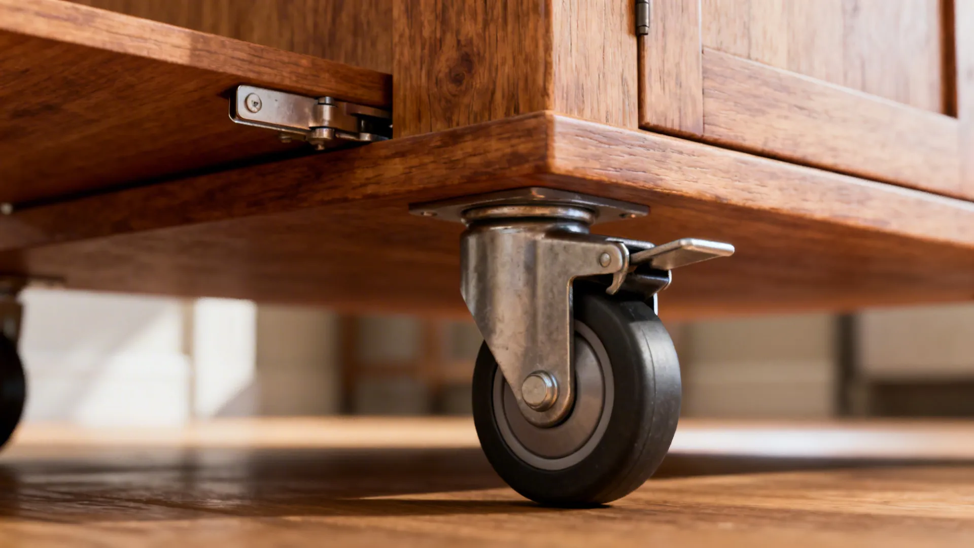 Close up of a metal wheel with a lock attached to the bottom of furniture