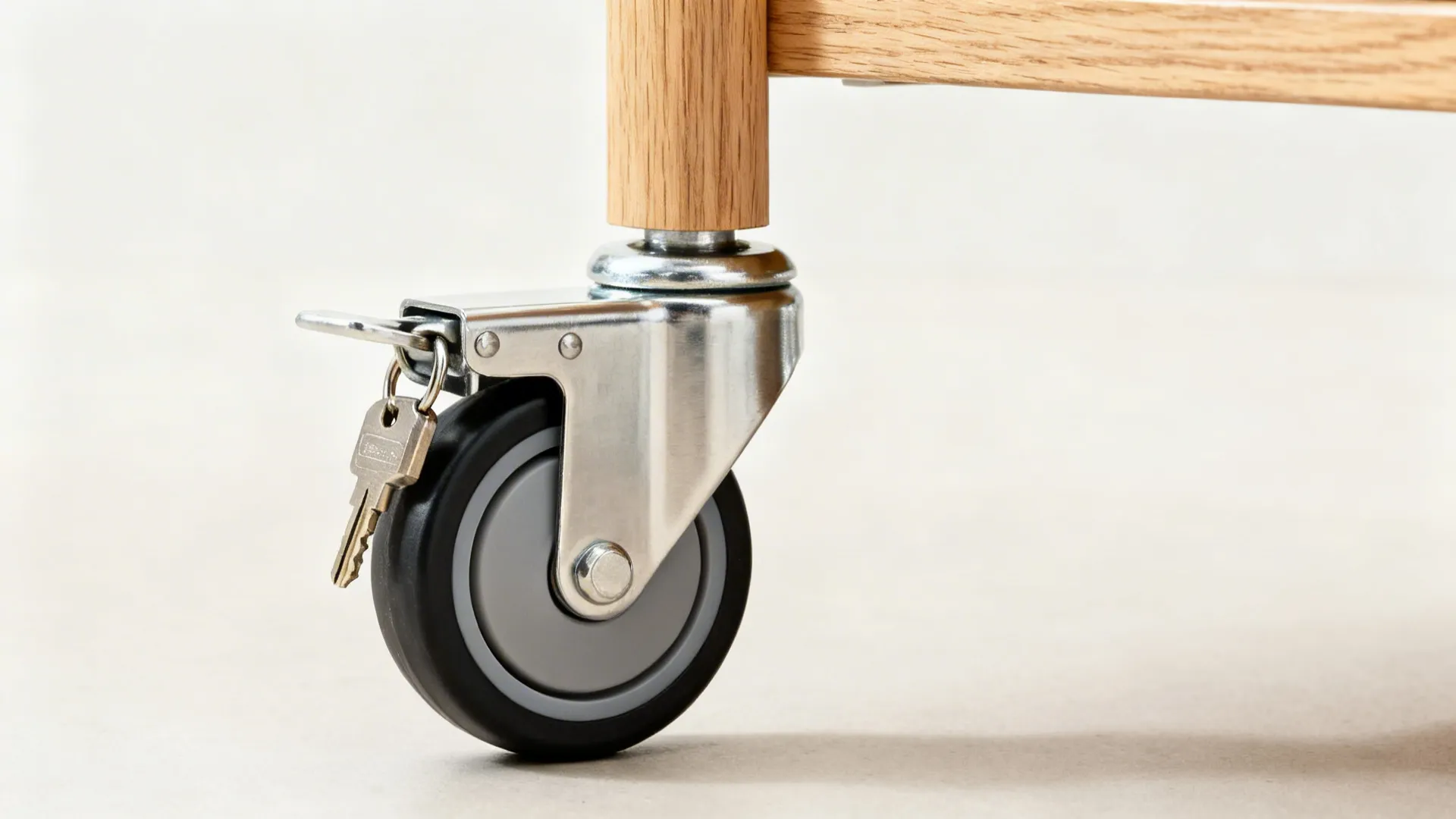 Close-up of rubber locking caster on a slim kitchen cart.