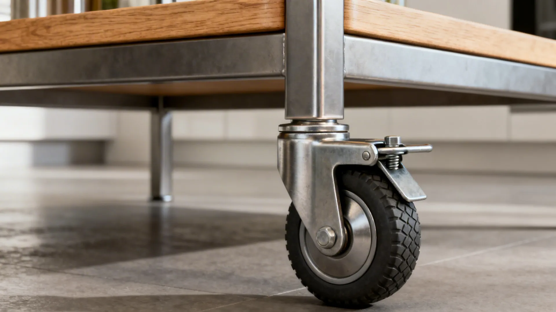 Close-up of a locking caster and sturdy frame on a slim kitchen island.