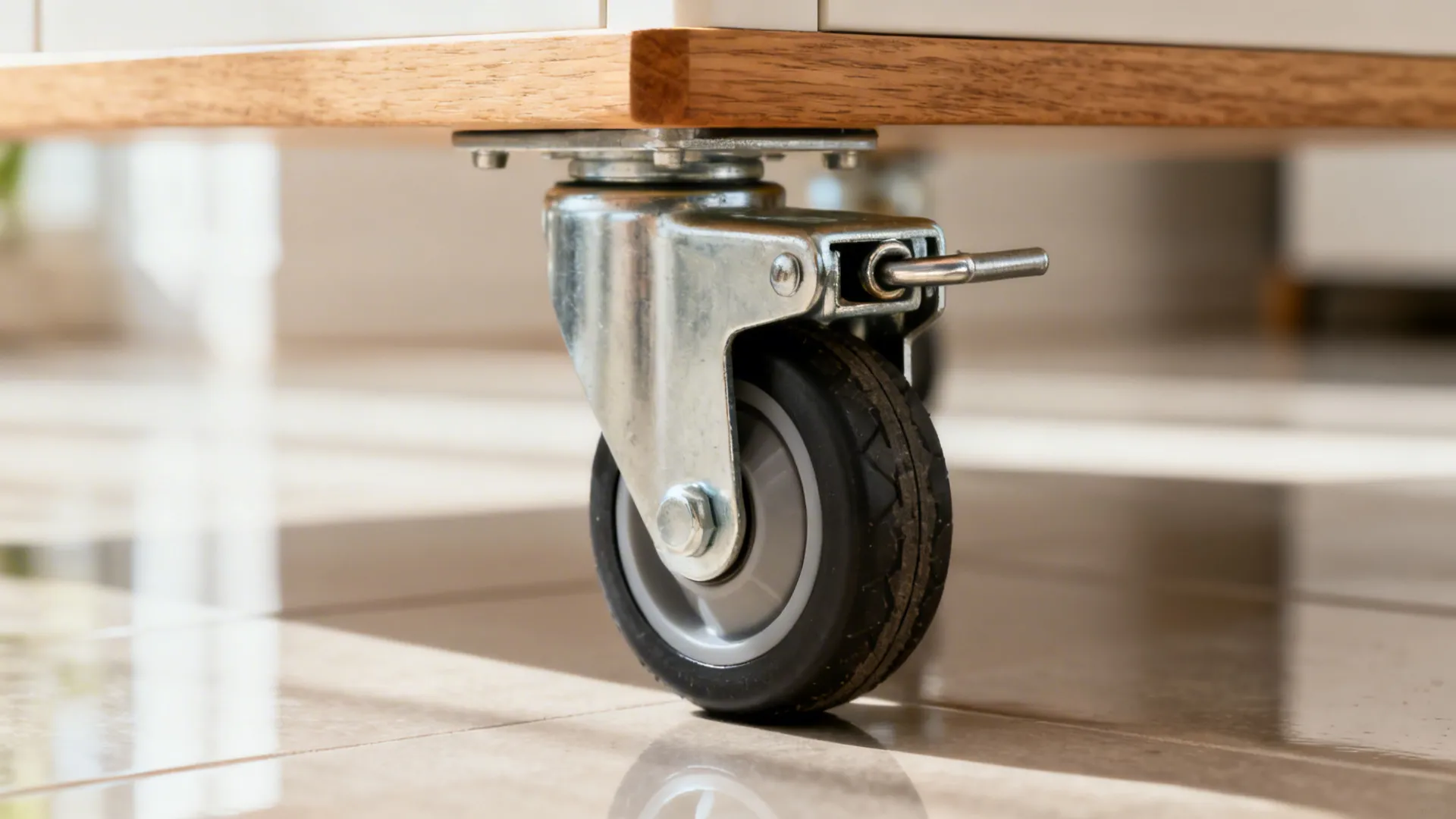 Close-up of locking caster on a mobile island with a thick wood top.