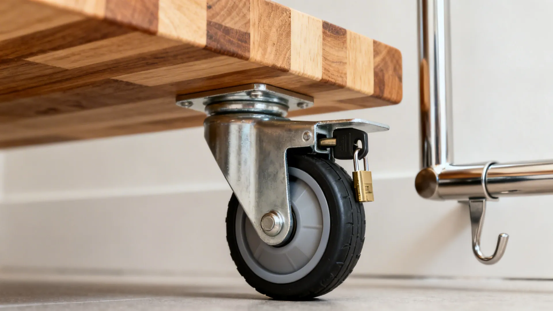 Close up of black wheel with metal lock and small brass padlock on wooden furniture