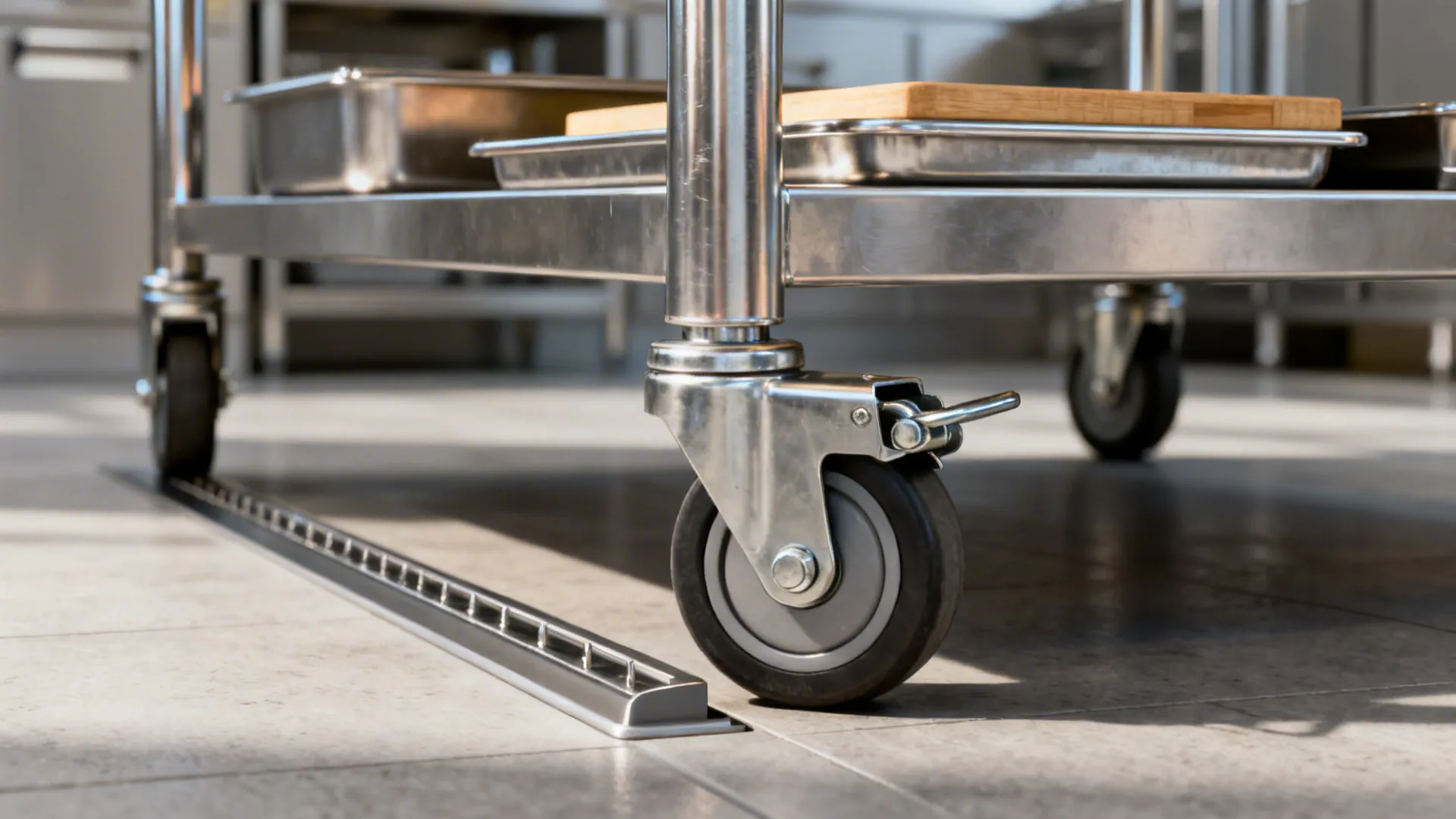 Close-up of a locking caster and stainless frame on a modular prep station.