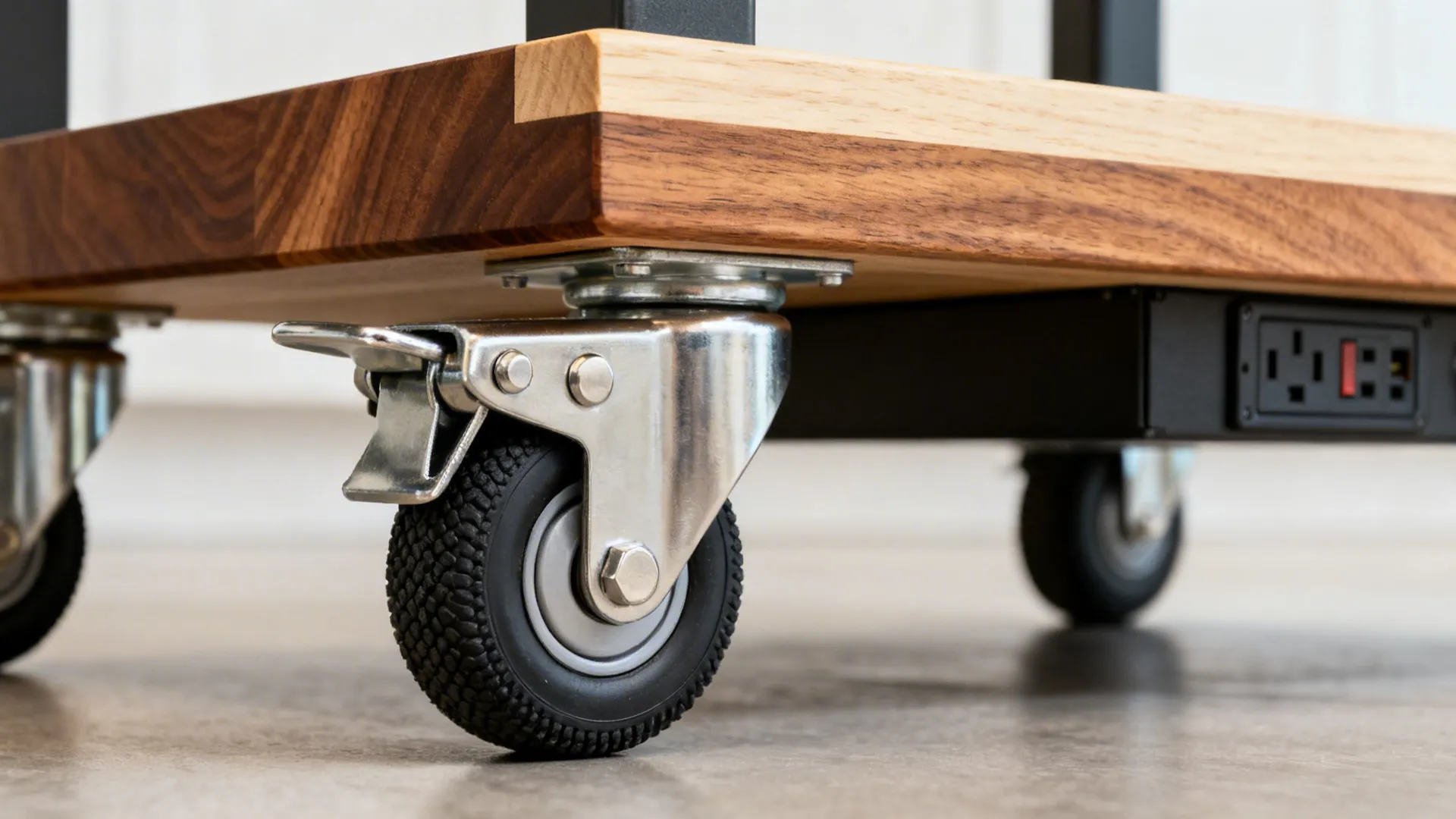 Close-up of locking casters and thick wood top on a mobile kitchen island cart.