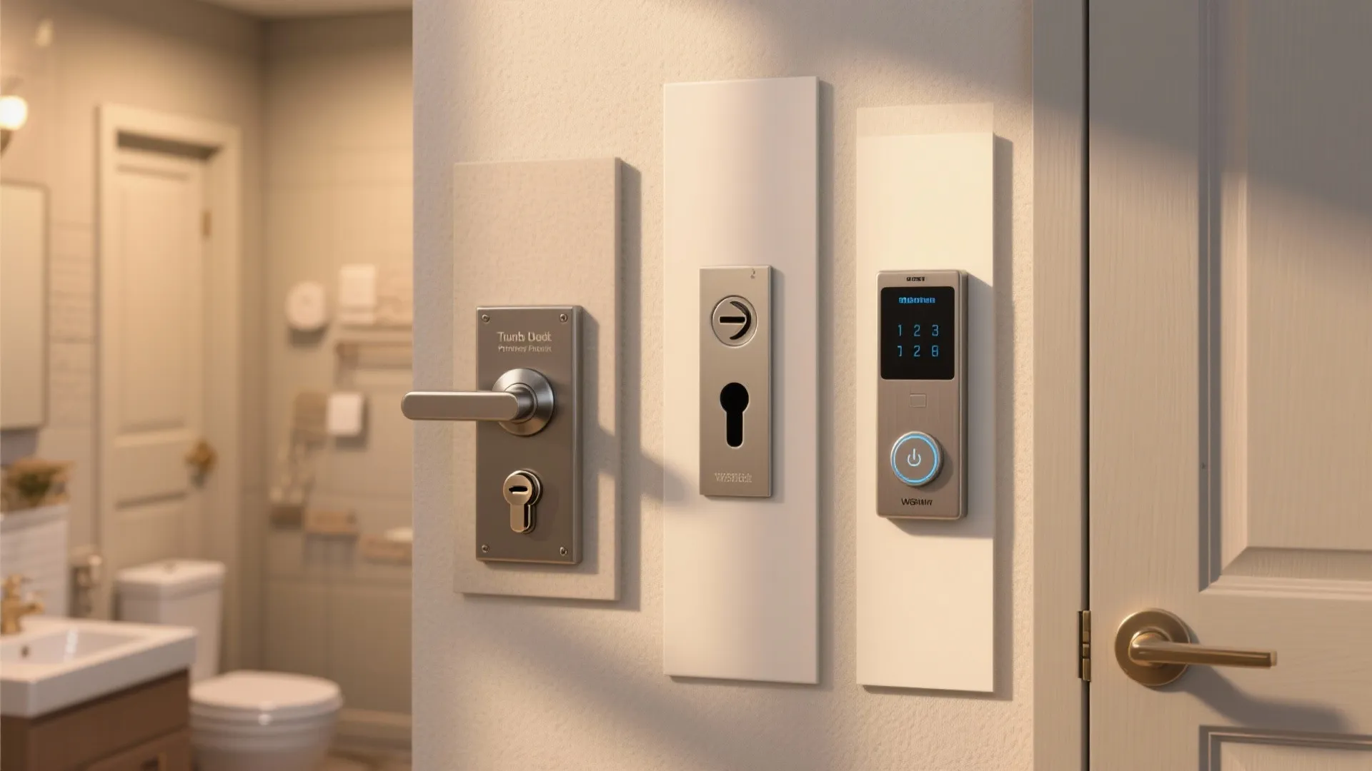 Collection of three different door lock types mounted on display panels in a modern bathroom