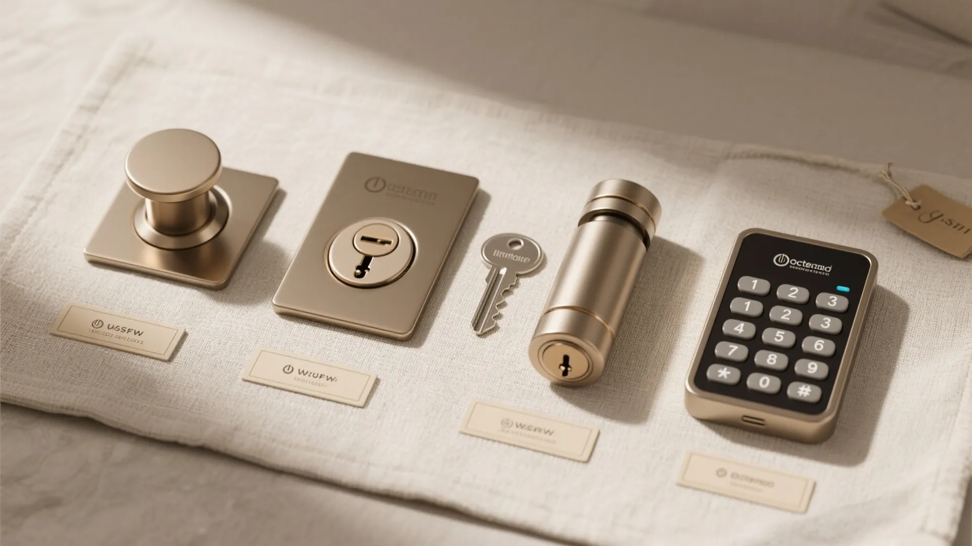 Flatlay comparison of different bathroom lock types on a neutral cloth