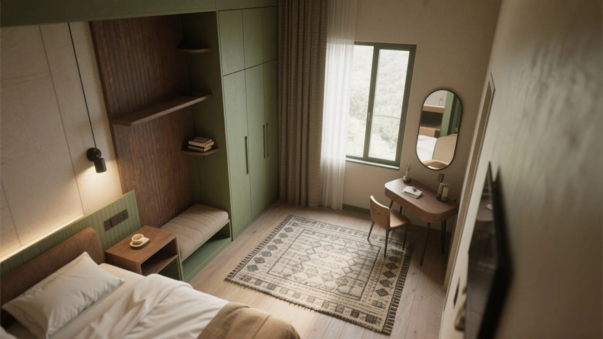 Top-down visualization of a compact lodge room with built-ins, wall-mounted lighting, large area rug, mirror, and leggy furniture