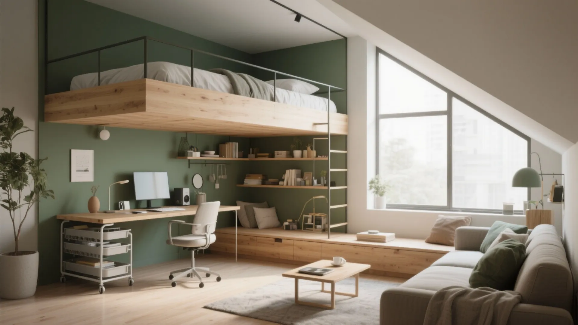 Loft room with wooden bed green wall home office desk sofa and large bright window design