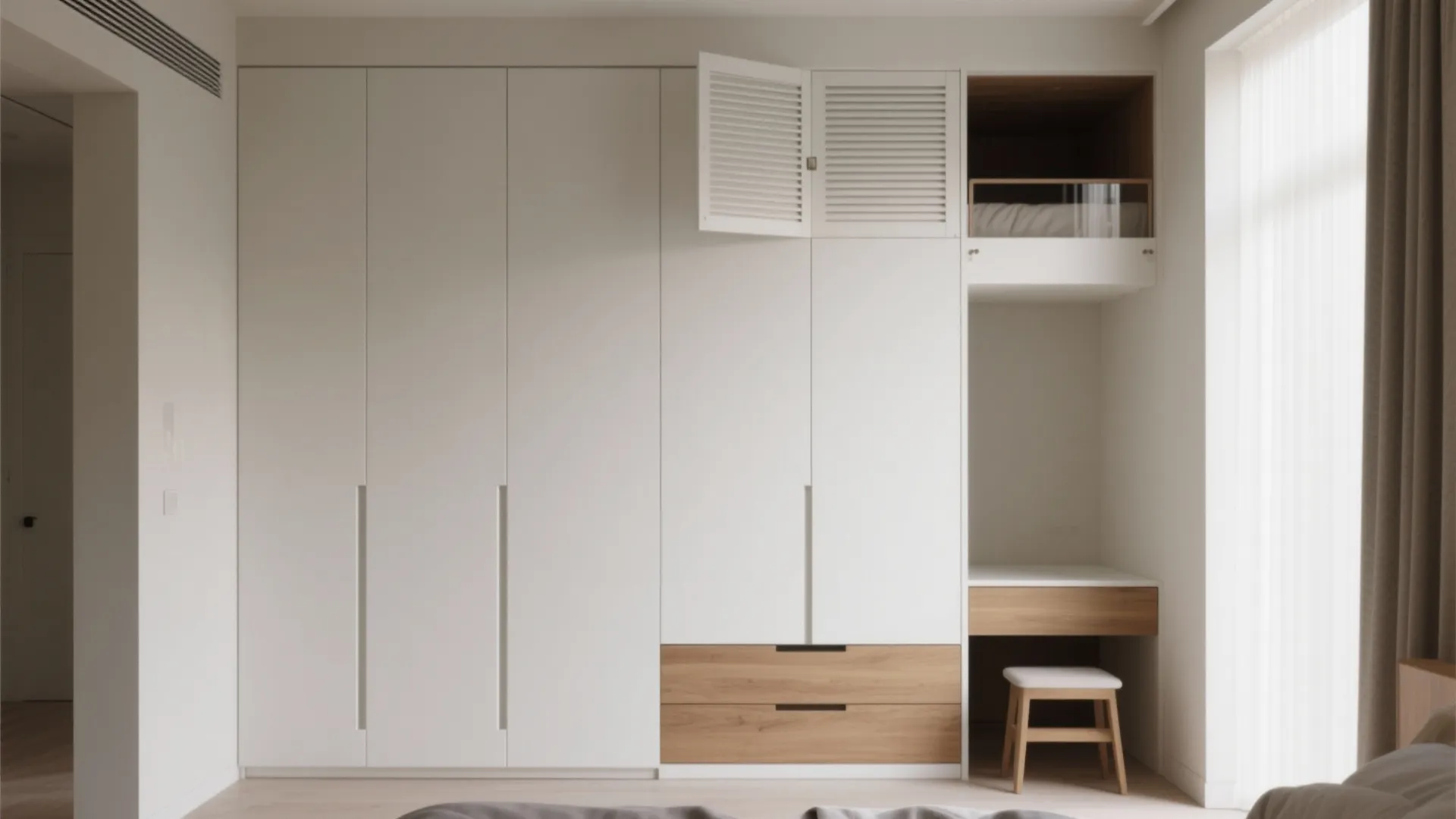 White built-in bedroom cabinet with wooden drawers integrated small desk and white wooden sitting stool