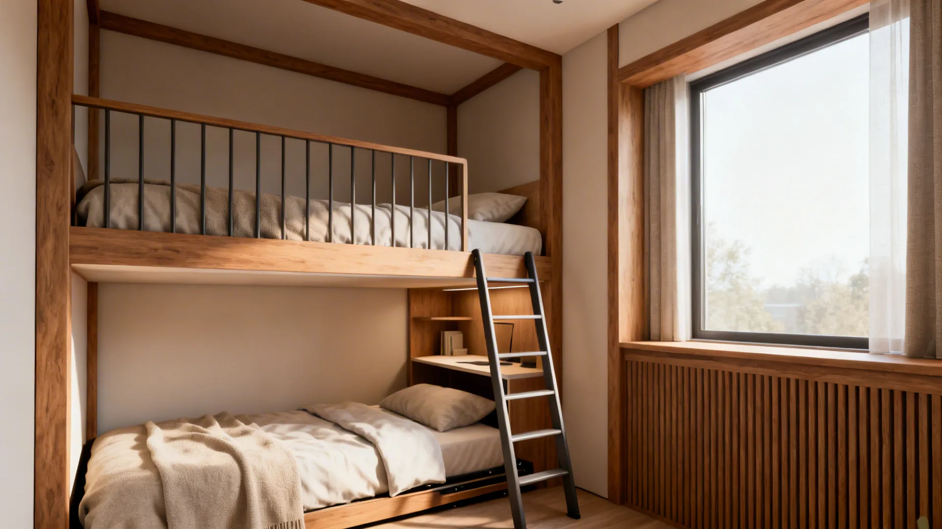 Lofted upper bed with lower pulled-out single bed and desk nook underneath