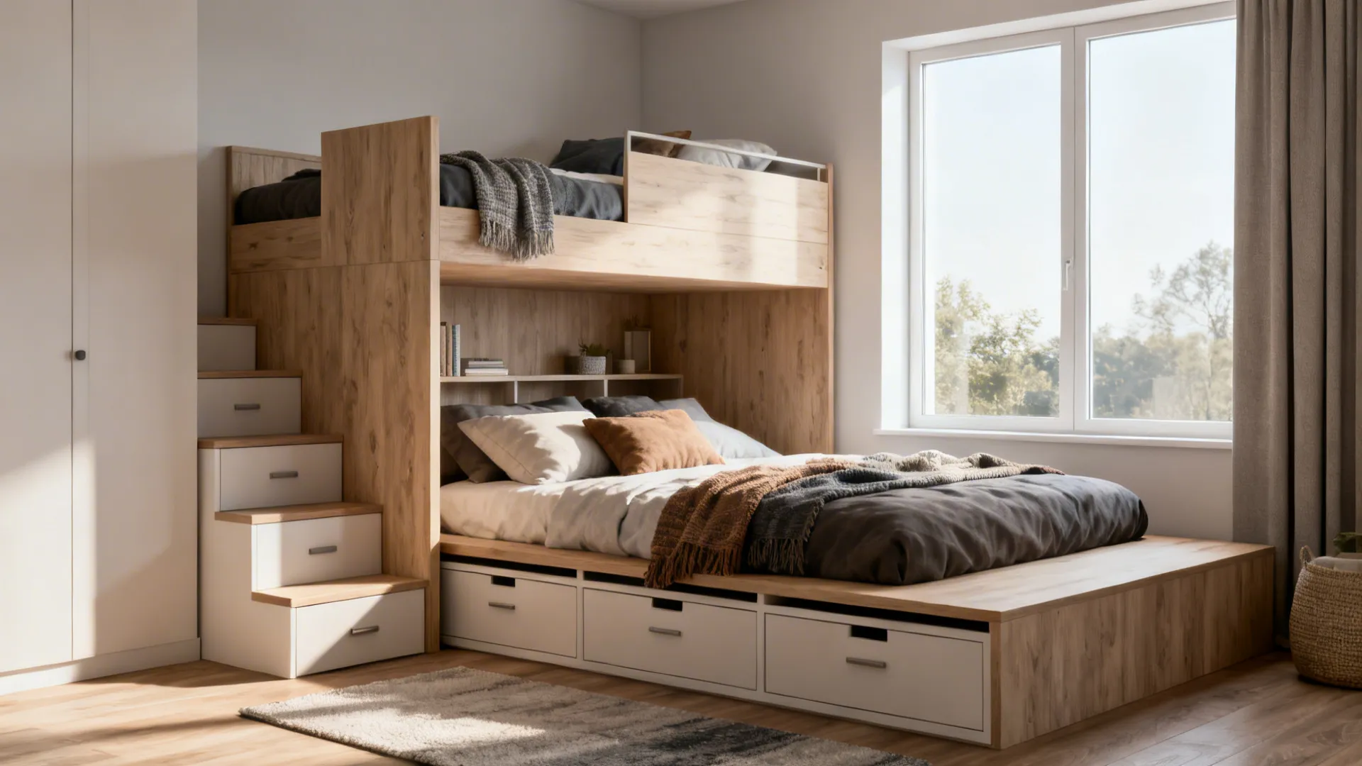 A room combining a high loft bed with a low platform bed, balanced storage and airy atmosphere.