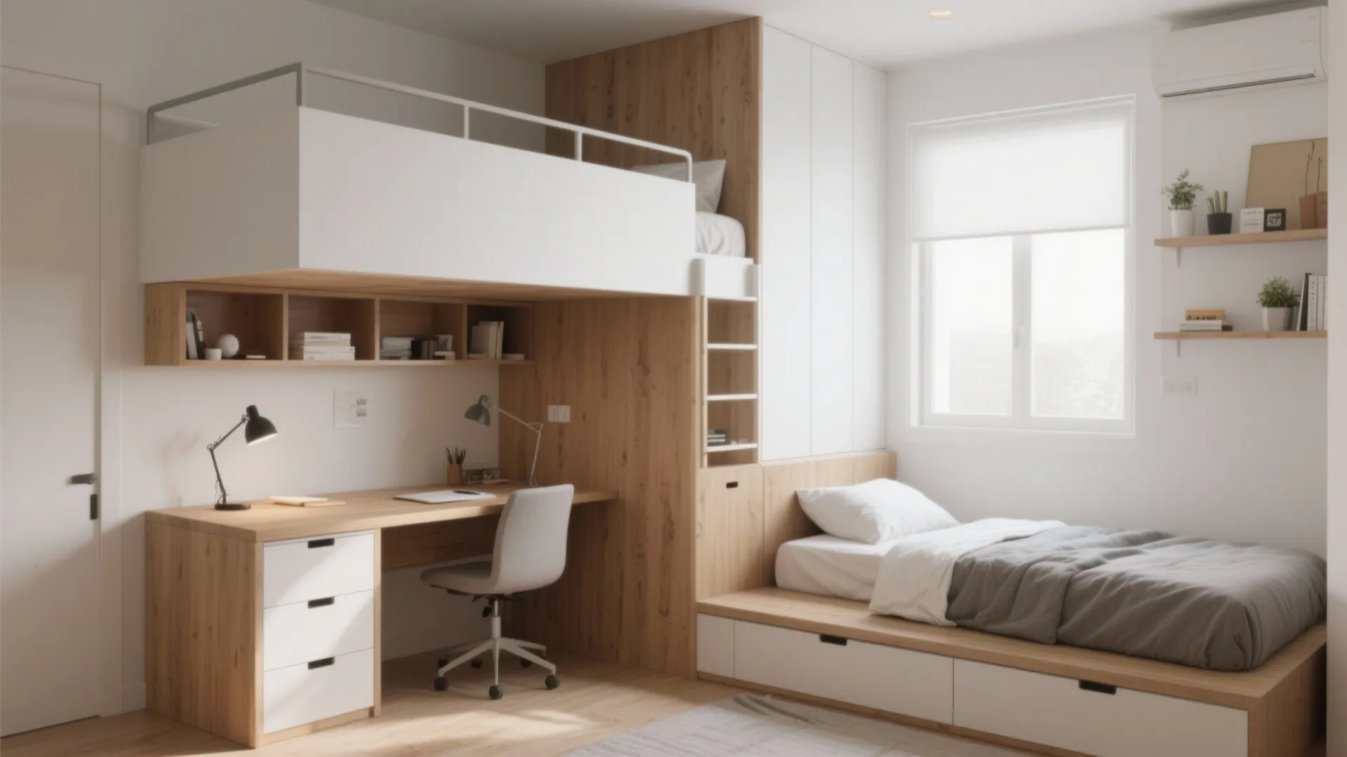 Modern bedroom with white loft bed over wooden desk and twin bed with integrated storage