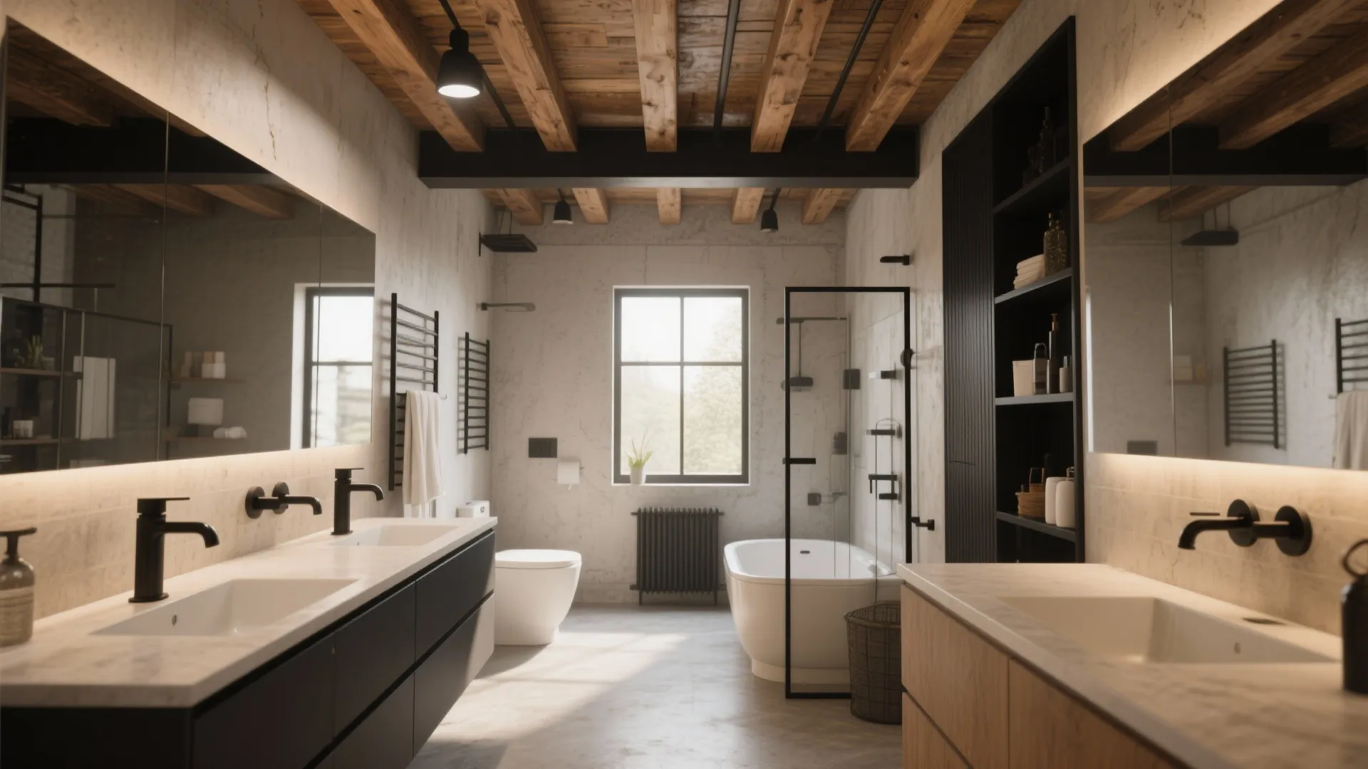 Industrial style bathroom with double sink vanity wooden ceiling beams bathtub and black metal fixtures