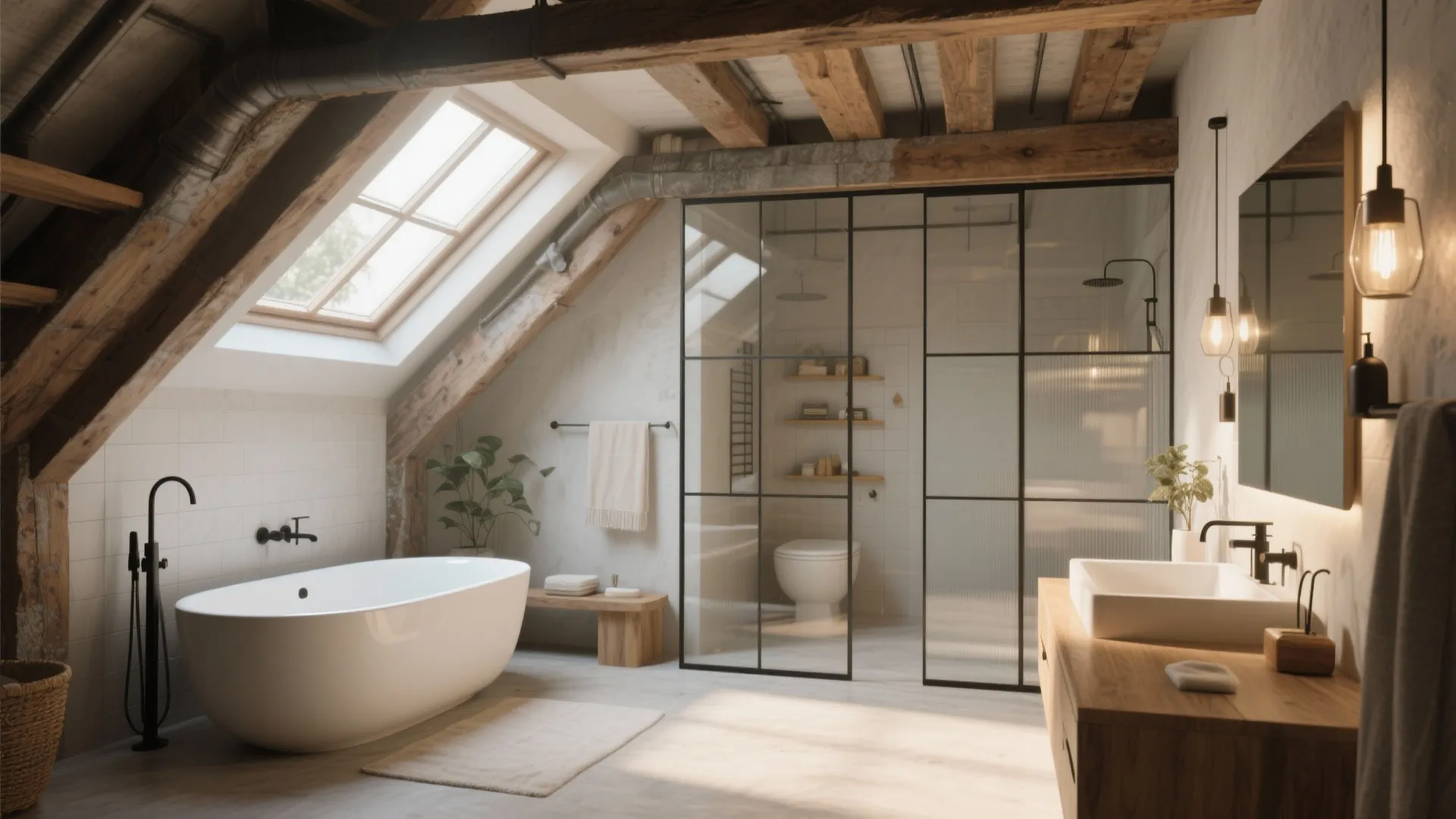 Modern loft bathroom with white bathtub glass shower door wooden ceiling beams and roof window
