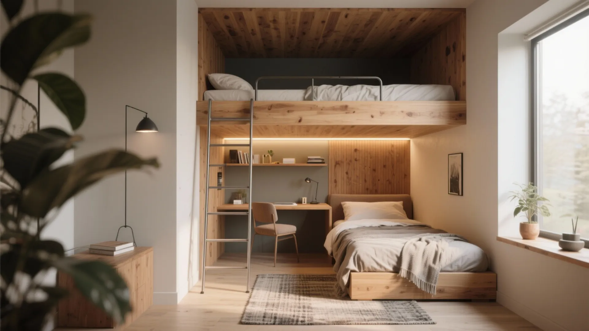 Loft bed in a small bedroom with an illuminated lower workspace and cozy lounge area underneath.