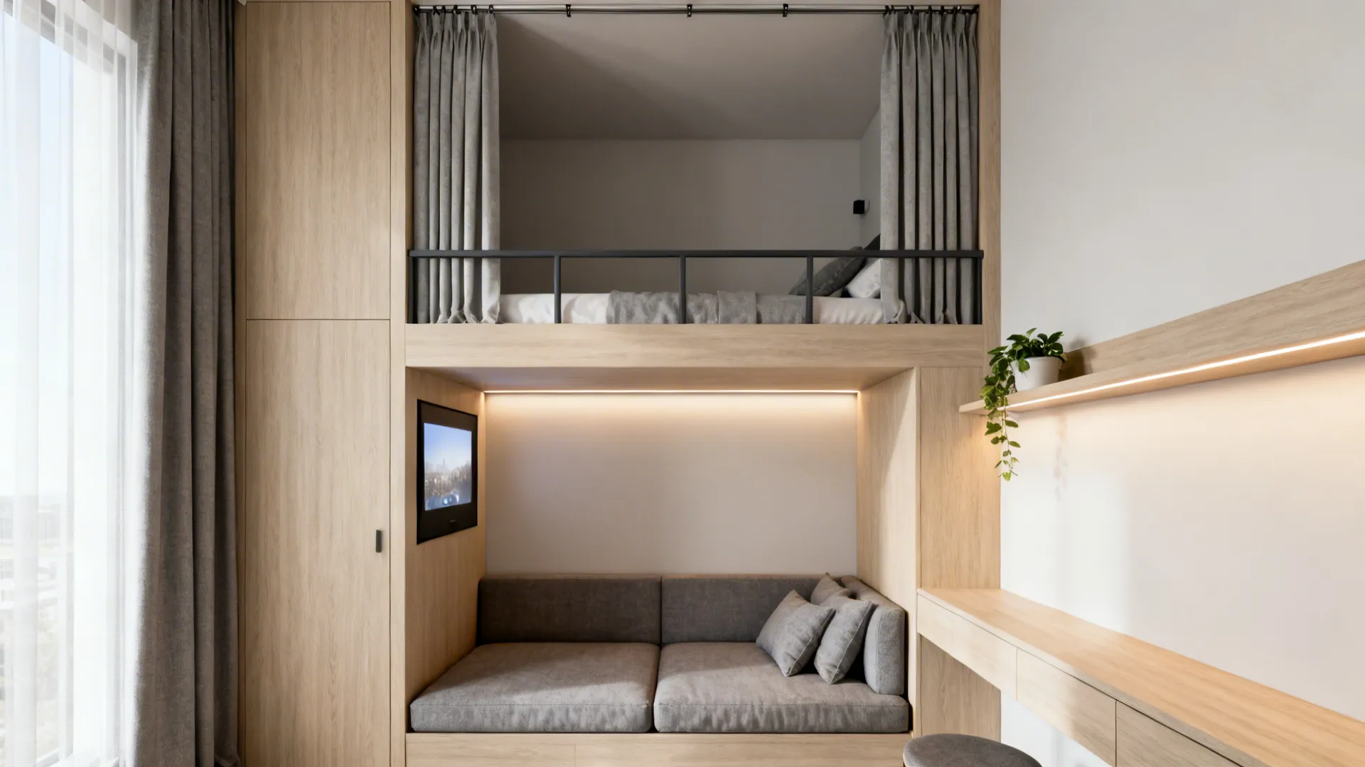 Adult loft bed with guardrails above a cozy daybed facing a projector wall.