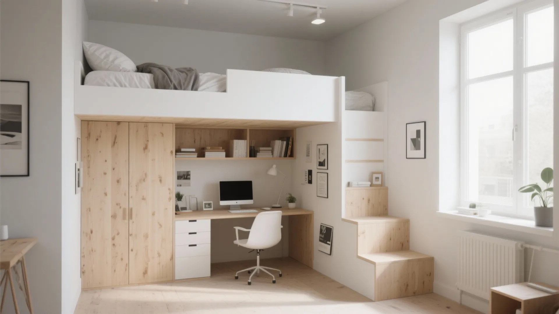High white bed with wooden stairs over a desk workspace in a bright sunny room