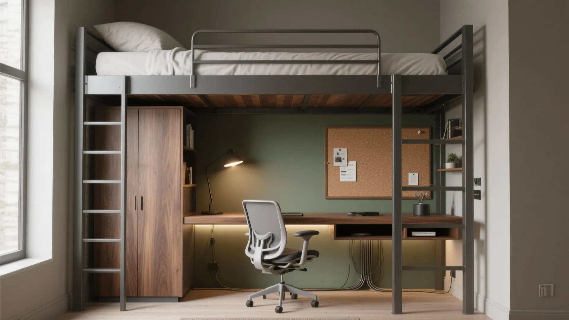 Adult loft bed with workstation beneath, walnut desk, matte steel frame, warm task lighting, and cable management.