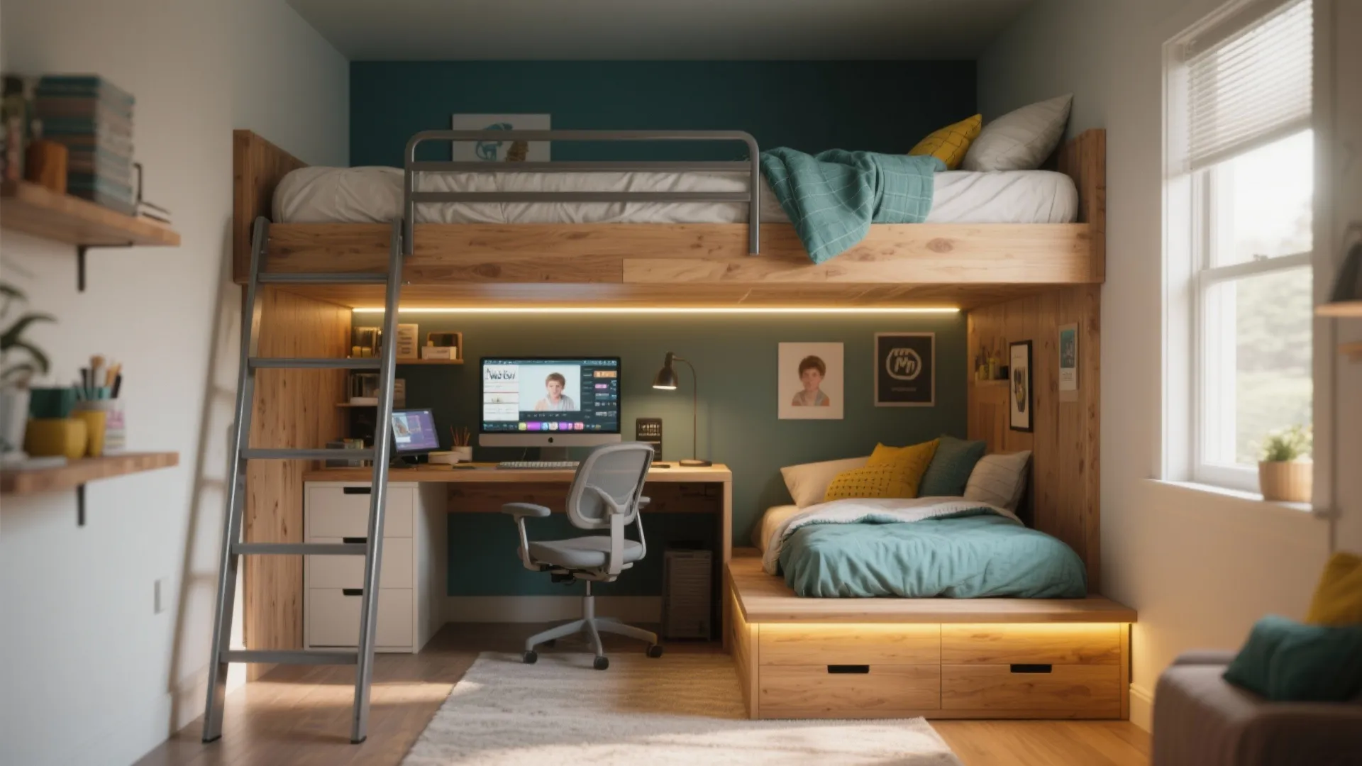 1. Loft bed with integrated desk — study first, sleep above