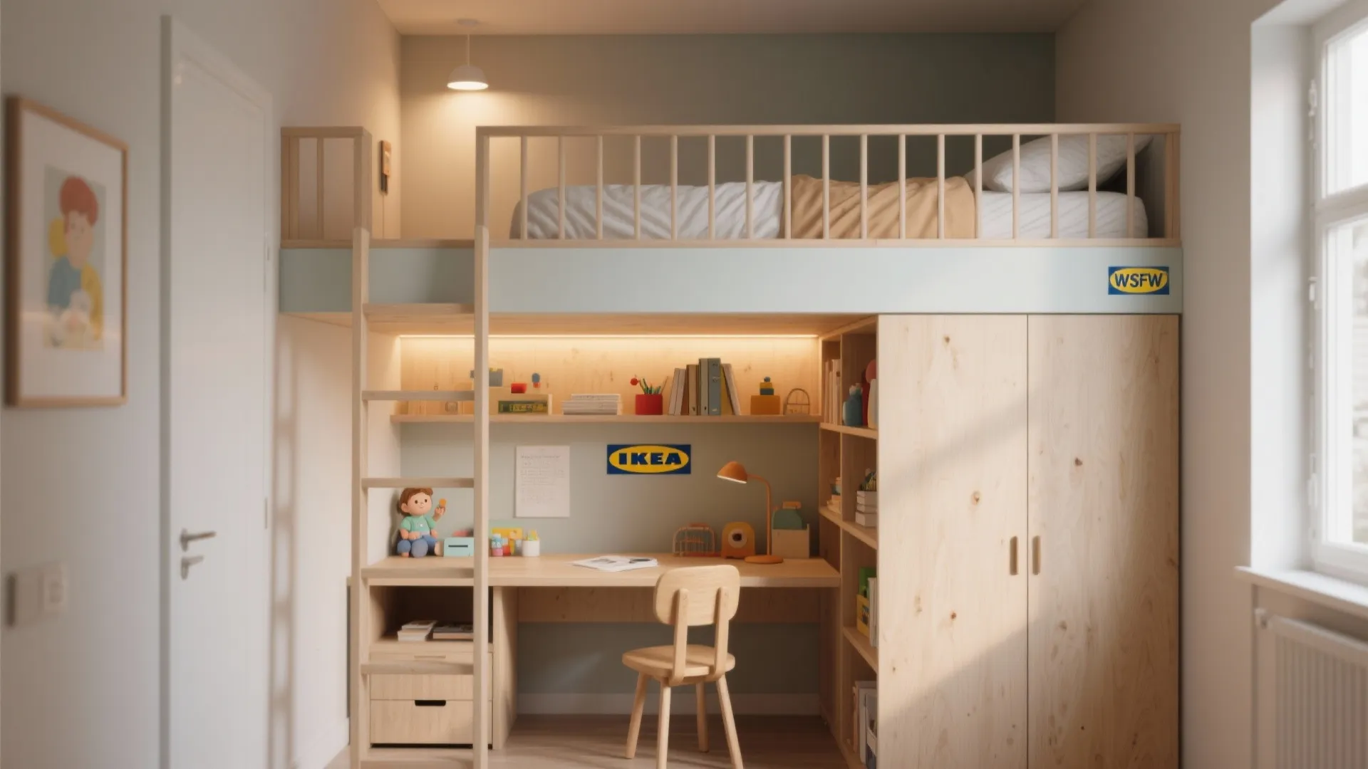 Space saving bunk bed with integrated desk wooden wardrobe ladder and shelving for a small room