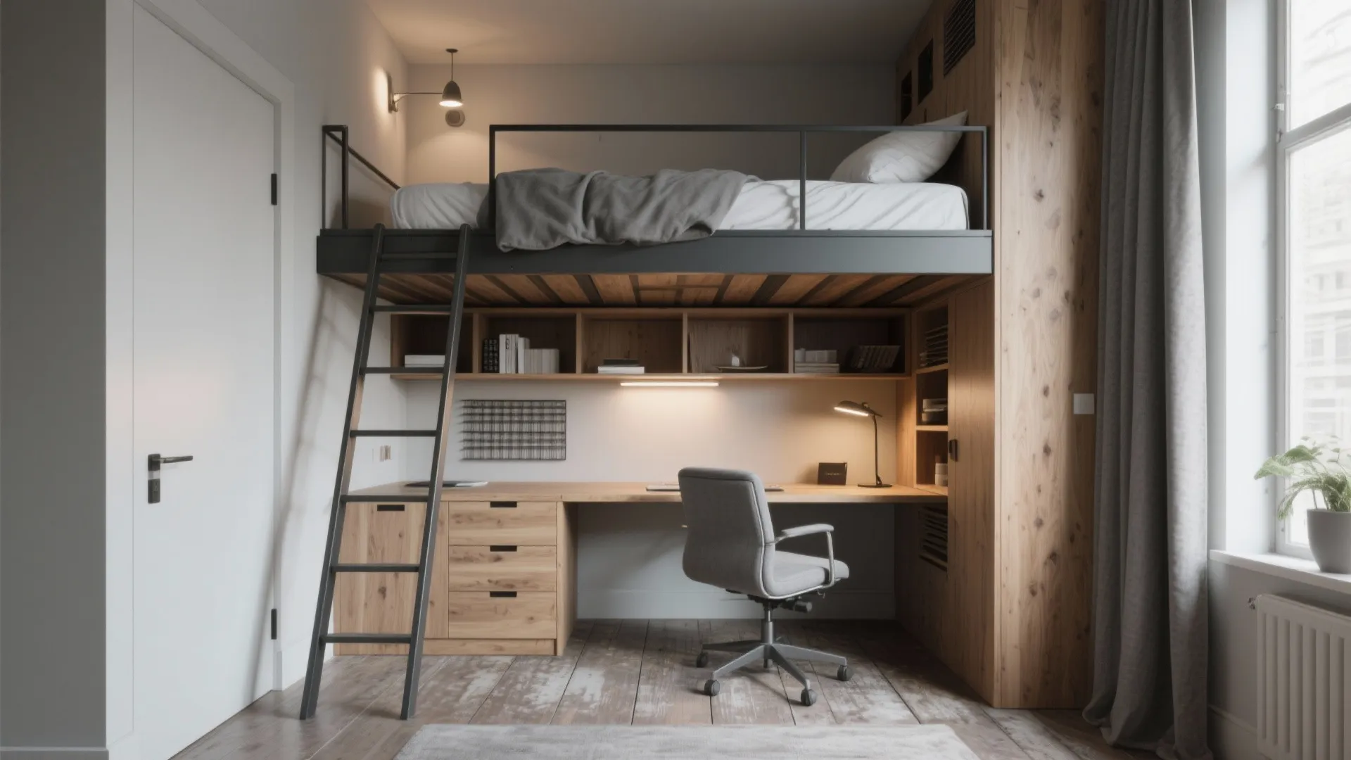 Wooden loft bed with a ladder above a home office desk with shelves and chair