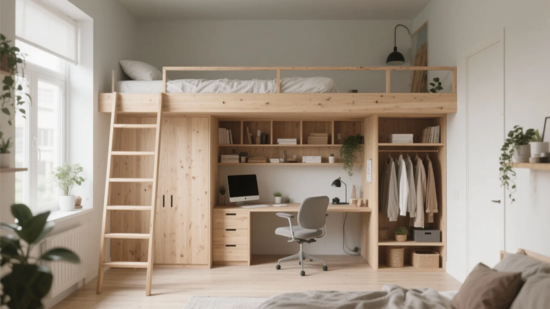 3. Loft and raised beds with under-desk or wardrobe