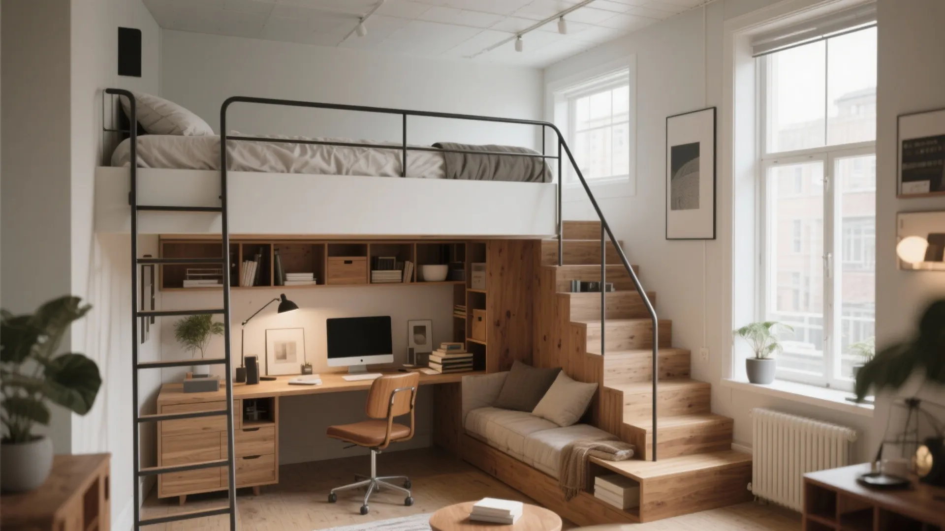 A white bunk bed above a wooden desk and sofa with stairs for small room storage