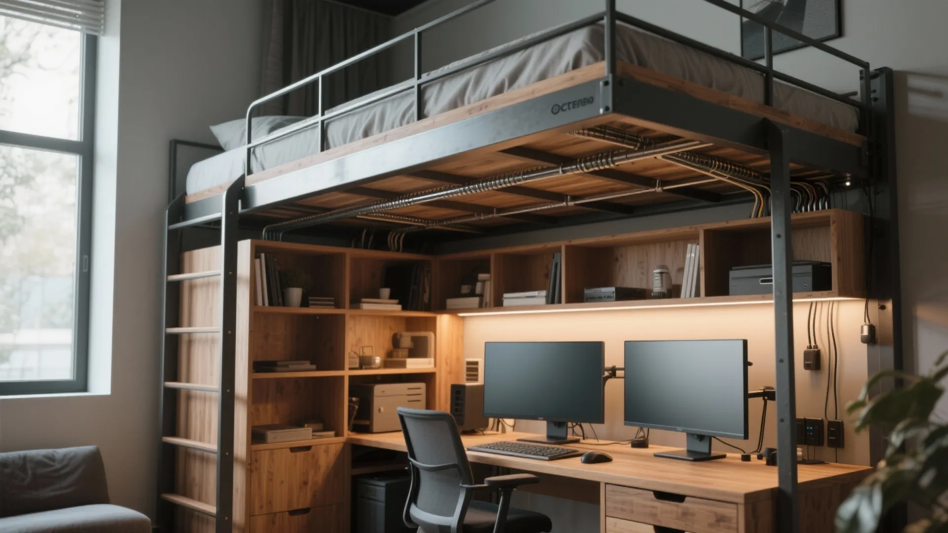 Industrial loft bed with wooden stairs above a home office desk with dual monitor screens