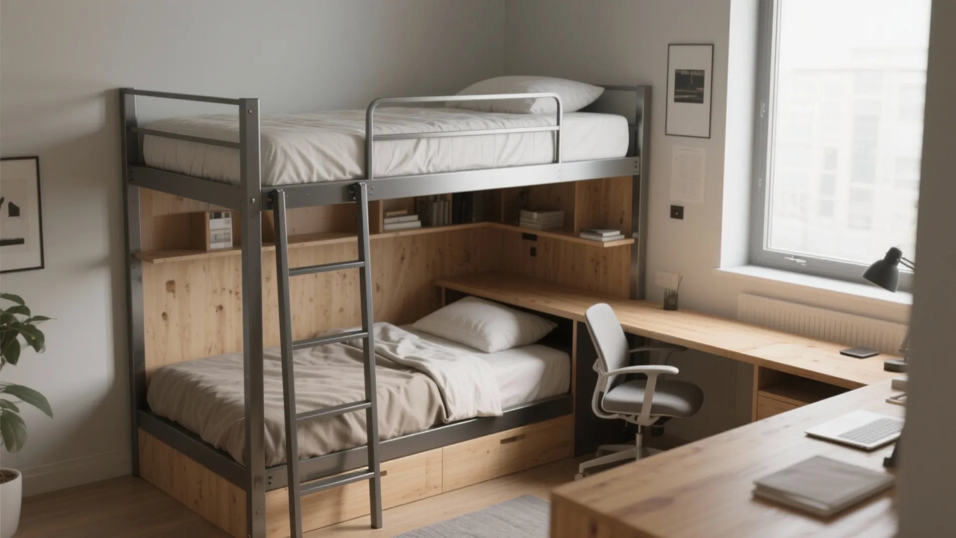 Modern metal bunk bed with wooden desk and storage shelves in a small bright bedroom